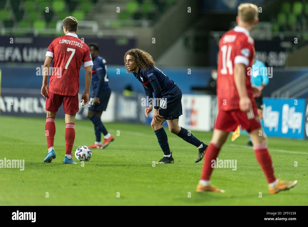 Szombathely, Ungarn. März 2021, 28th. Matteo Guendouzi (10) aus Frankreich beim UEFA EURO U-21 Spiel zwischen Russland und Frankreich im Haladas Stadion in Szombathely gesehen. (Foto Kredit: Gonzales Foto/Alamy Live News Stockfoto