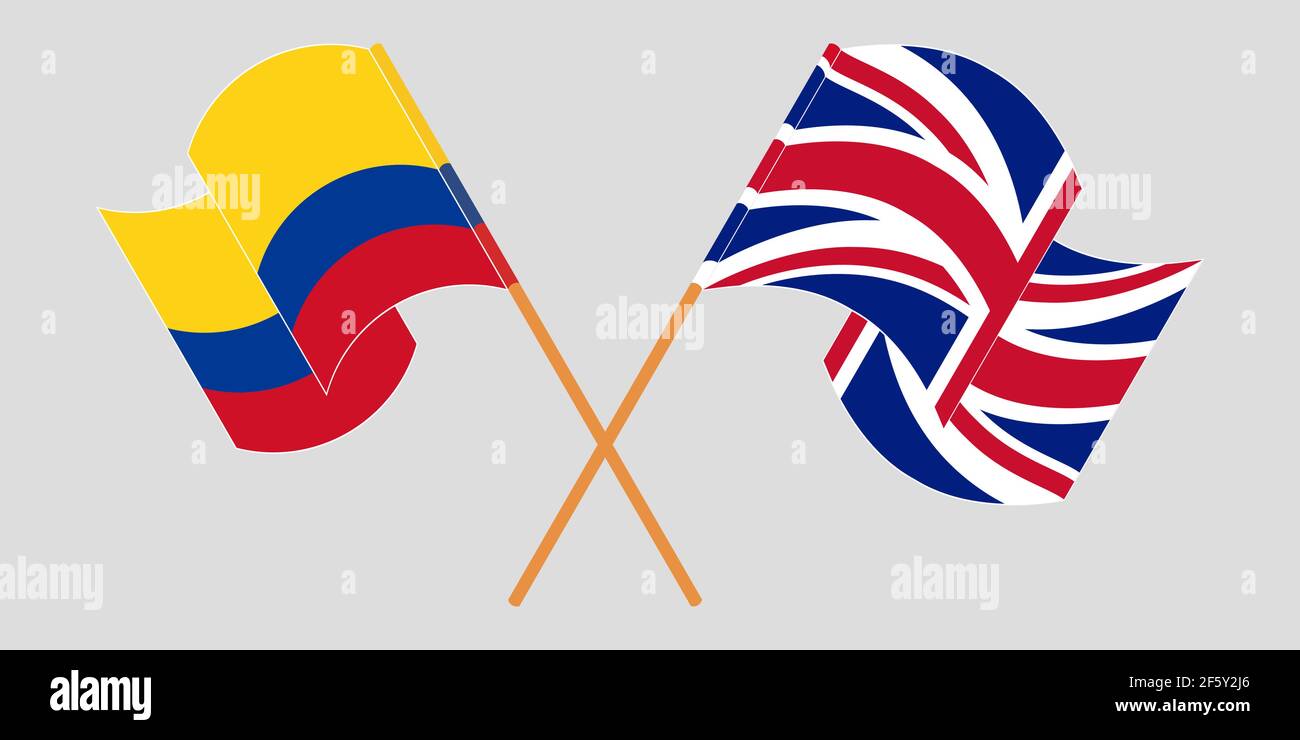 Gekreuzte und winkende Flaggen von Kolumbien und Großbritannien. Vektorgrafik Stock Vektor