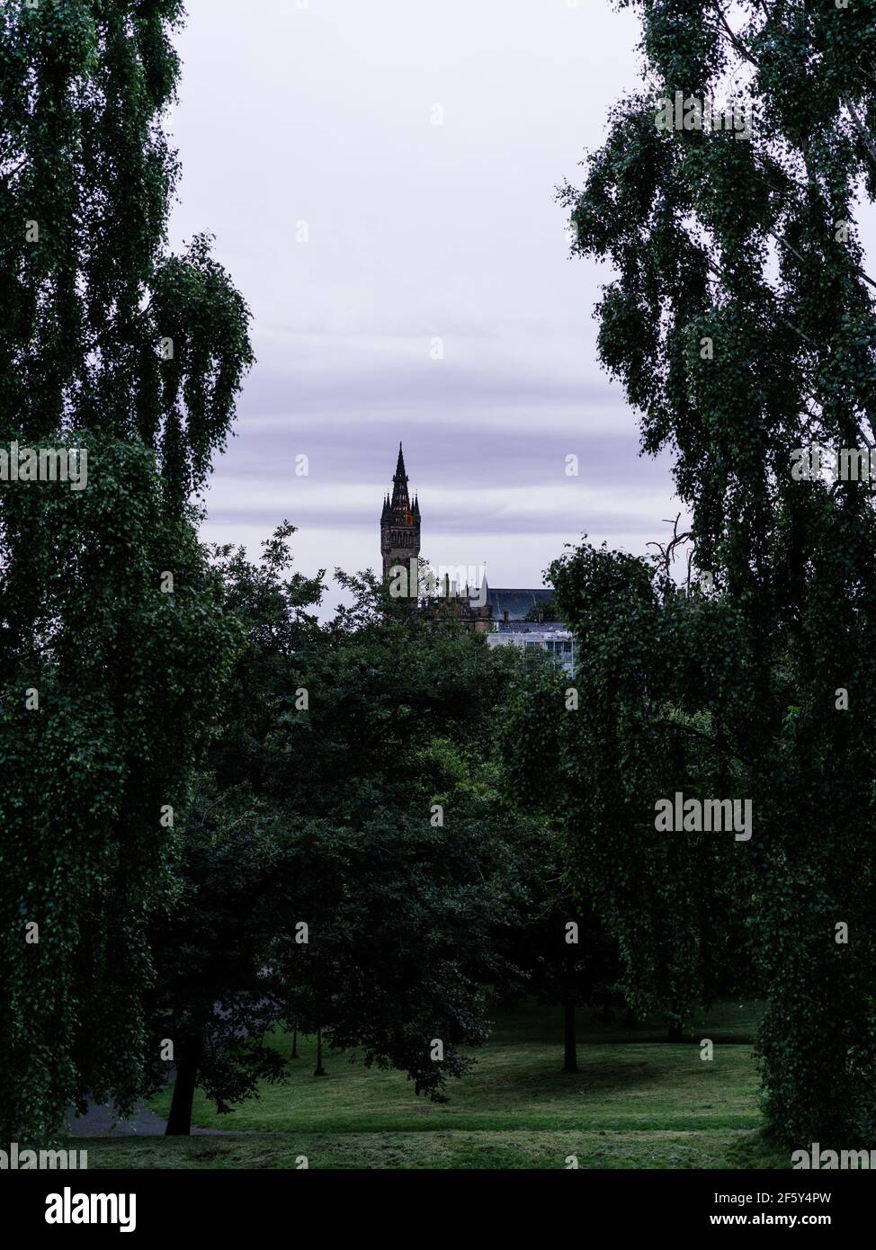 Blick vom Kelvingrove Park durch die Bäume auf den Turm der University of Glasgow, der von Gilbert Scott entworfen wurde. Stockfoto