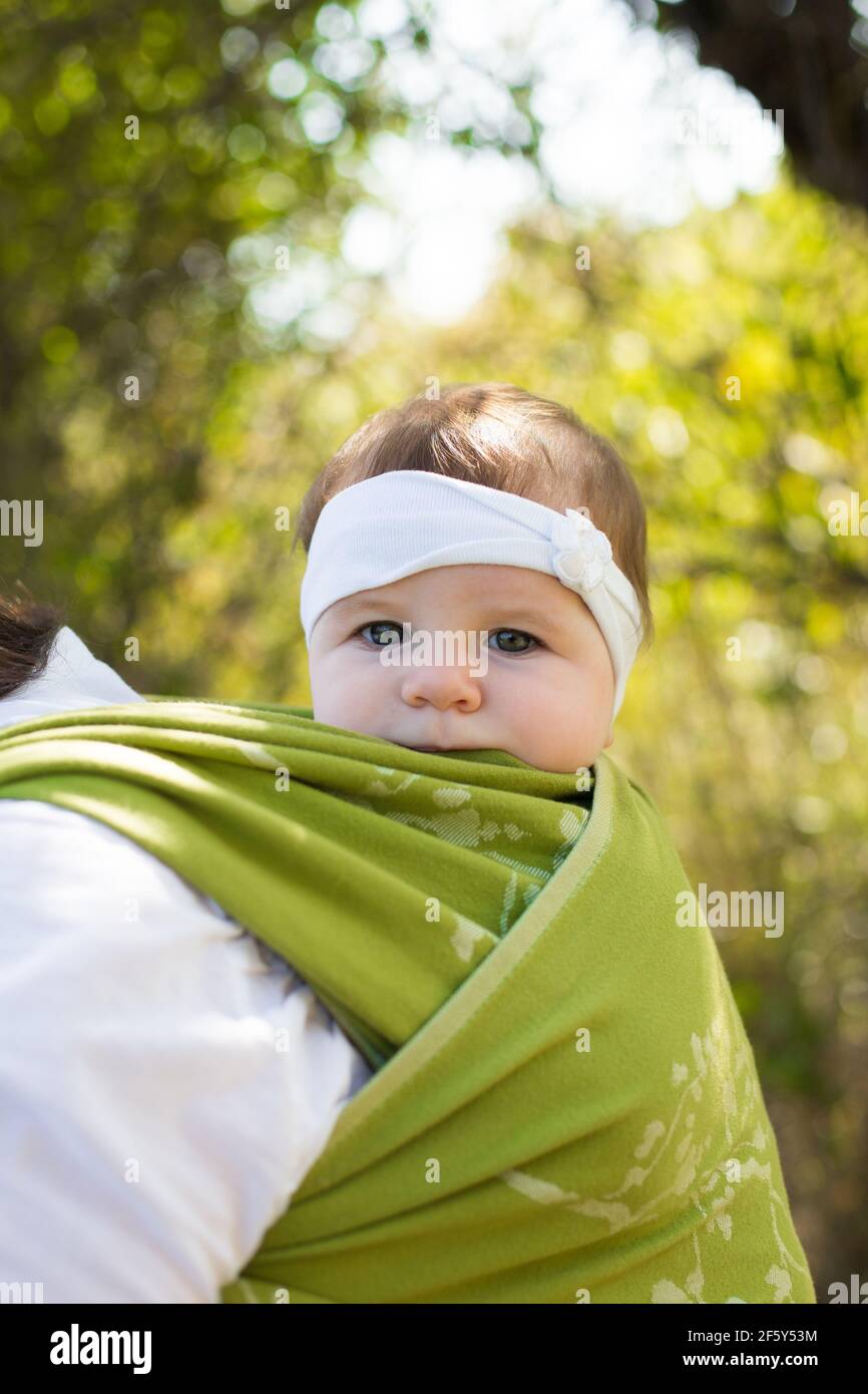 Niedliches Kleinkind Mädchen in grünen Tragetuch Träger auf der Rückseite, Baby tragen Stockfoto