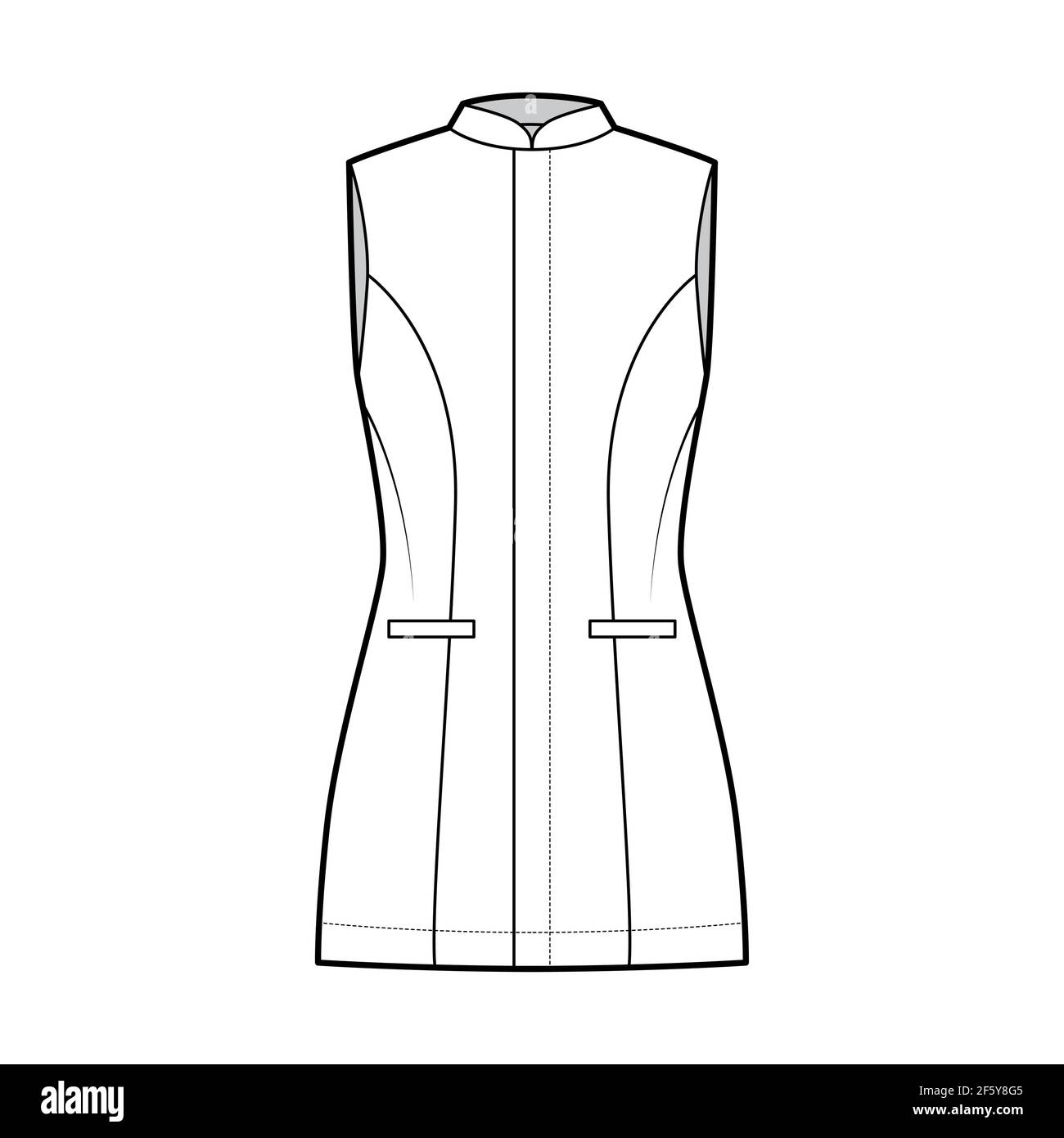 Lange Weste Weste technische Mode-Illustration mit taillierten Körper,  ärmellos, Stehkragen, Versteckverschluss, leistentaschen. Flache Schablone  vorne, weiße Farbgebung. Damen, Herren, Unisex TOP CAD Mockup  Stock-Vektorgrafik - Alamy