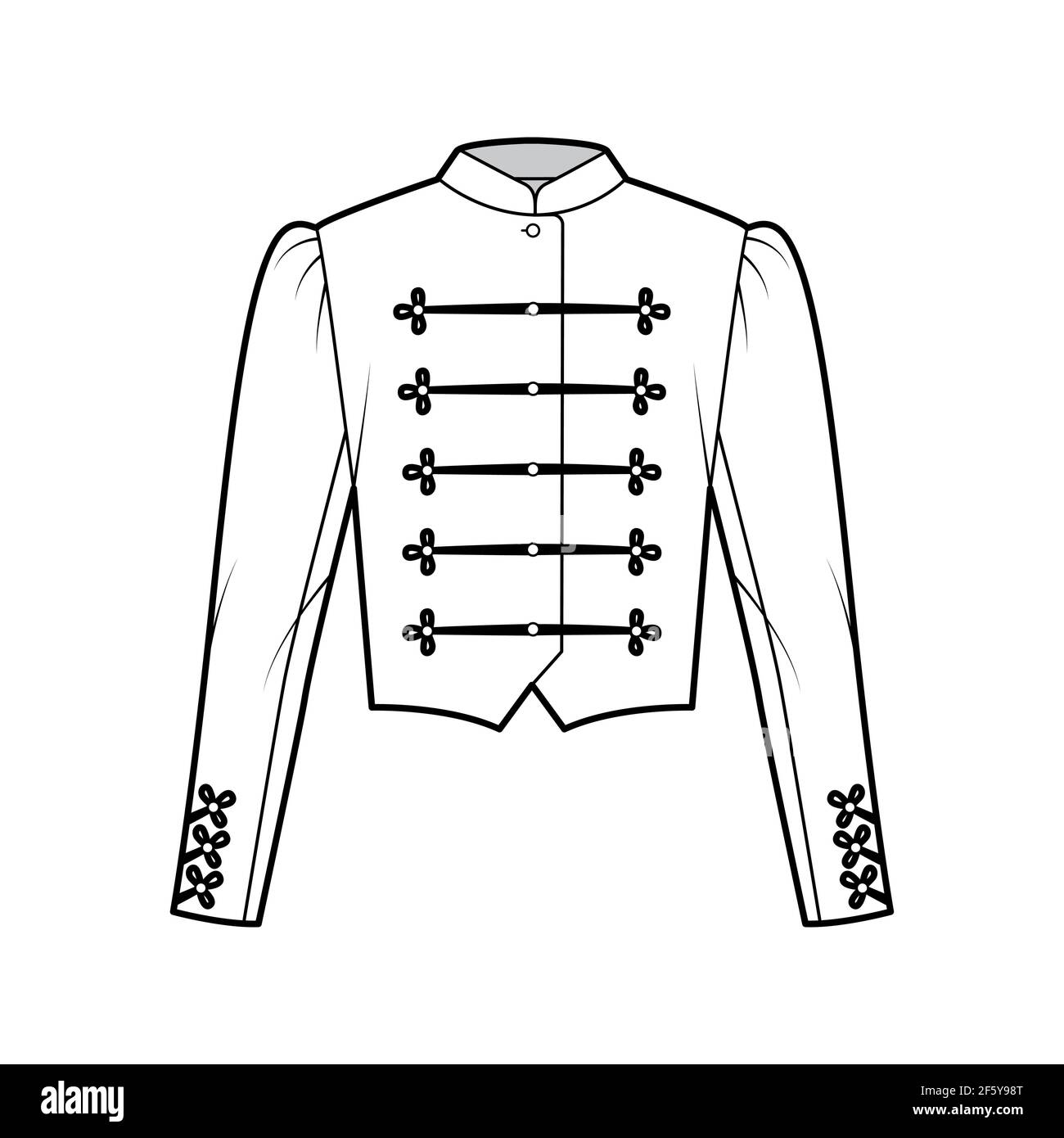 Majorette Jacke technische Mode Illustration mit crop Länge, langes Bein o Mutton Ärmel, Stehkragen, Knopf Frosch Schließung. Flache Blazer-Schablone vorne, in weißer Farbform. Frauen, Männer CAD-Modell Stock Vektor