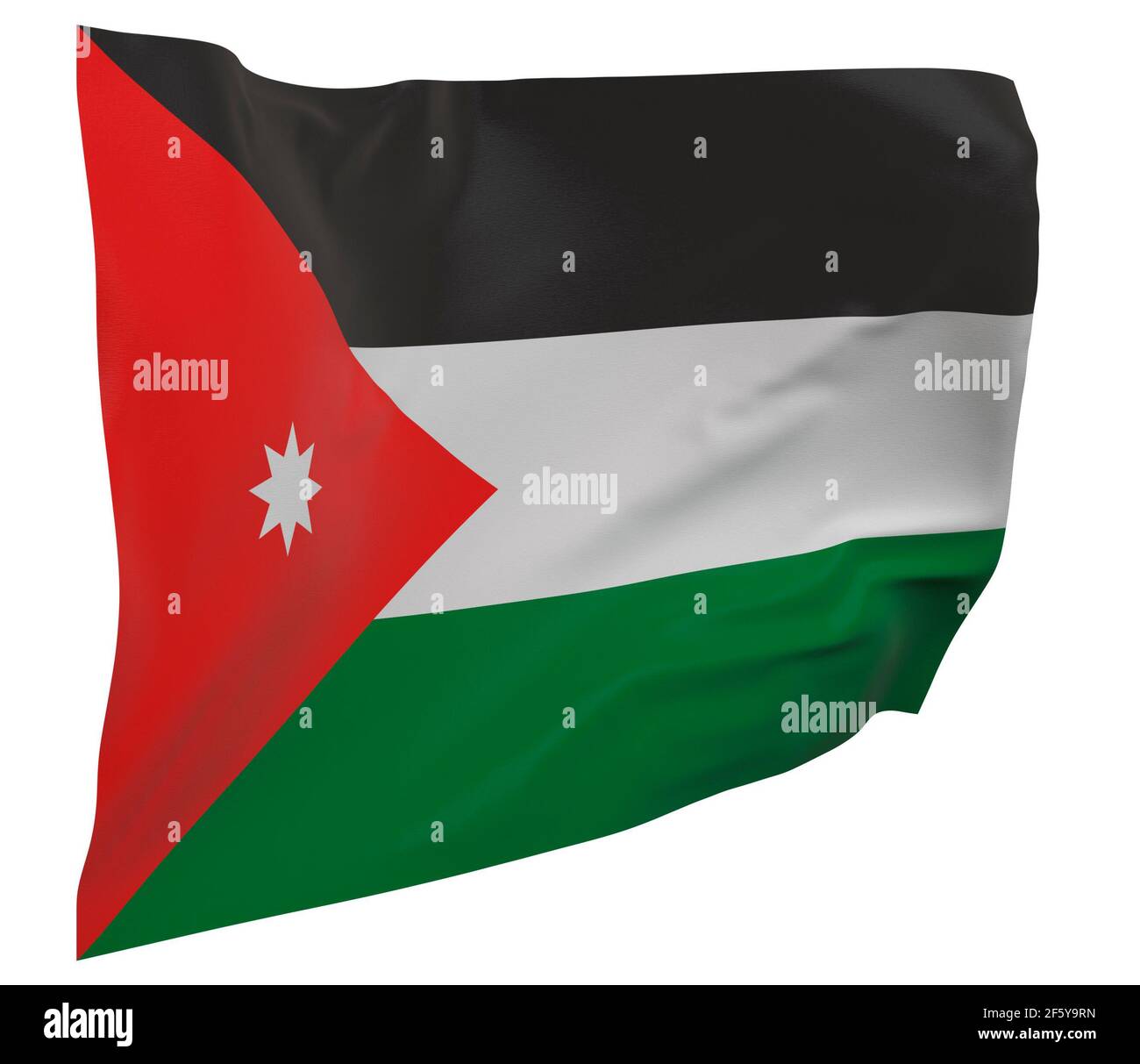 Jordanflagge isoliert. Winkendes Banner. Nationalflagge Jordaniens Stockfoto
