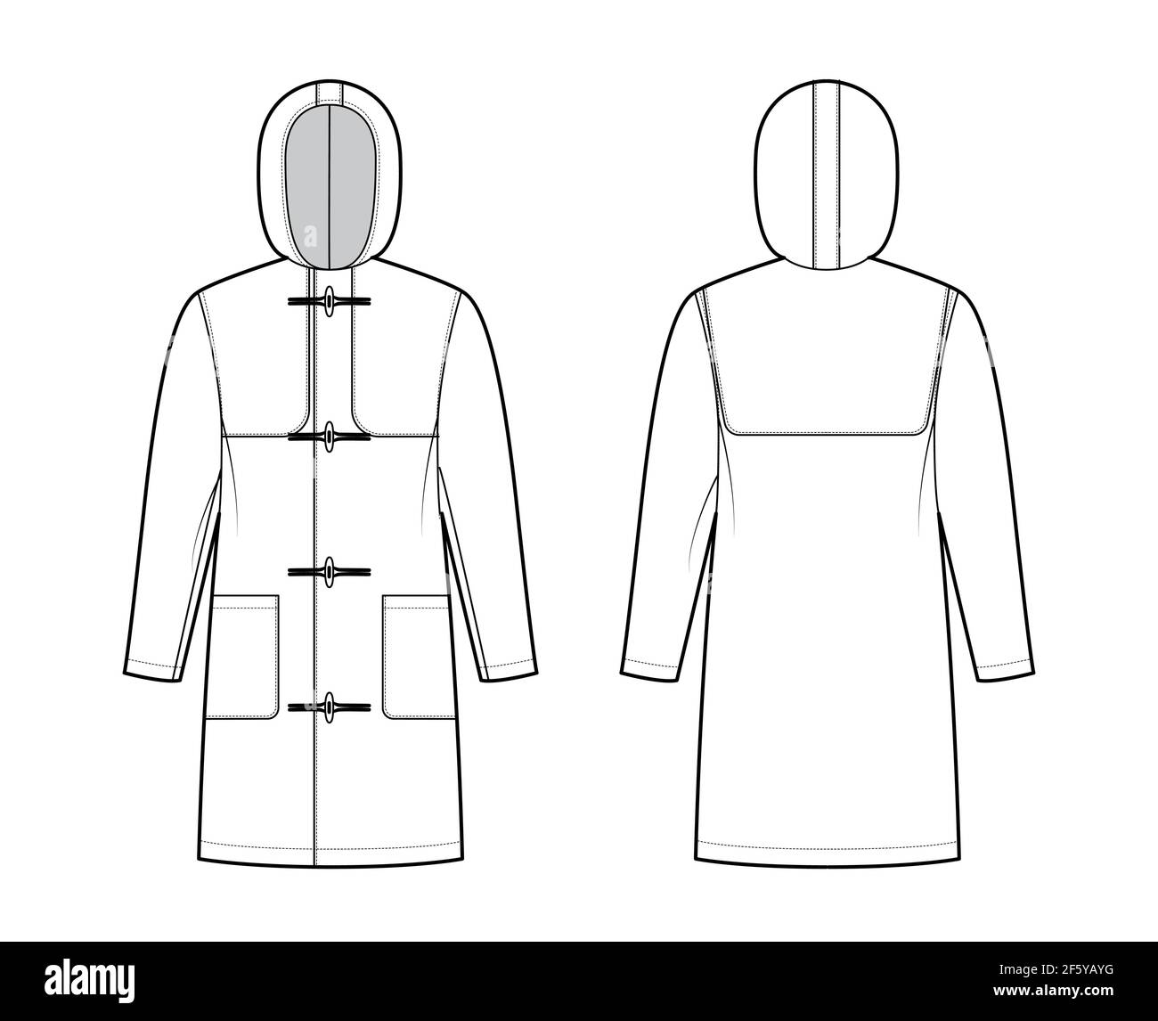 Duffle Mantel technische Mode-Illustration mit Kapuze, lange Ärmel, Oversized Body, knielang, aufgesetzte Taschen, Umschalten. Flache Jacke Schablone vorne, hinten, weiß Farbe Stil. Frauen, Männer, Top-CAD-Modell Stock Vektor