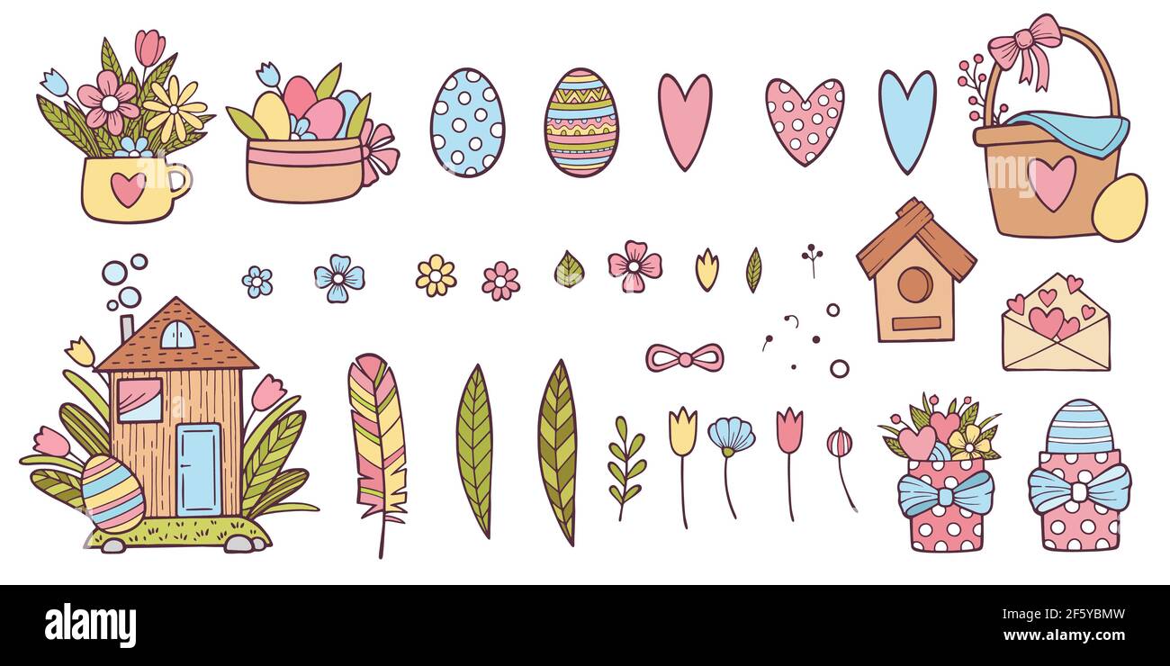 Frohe Ostern Urlaub Ikonen gesetzt, handgezeichneten Stil Stock Vektor