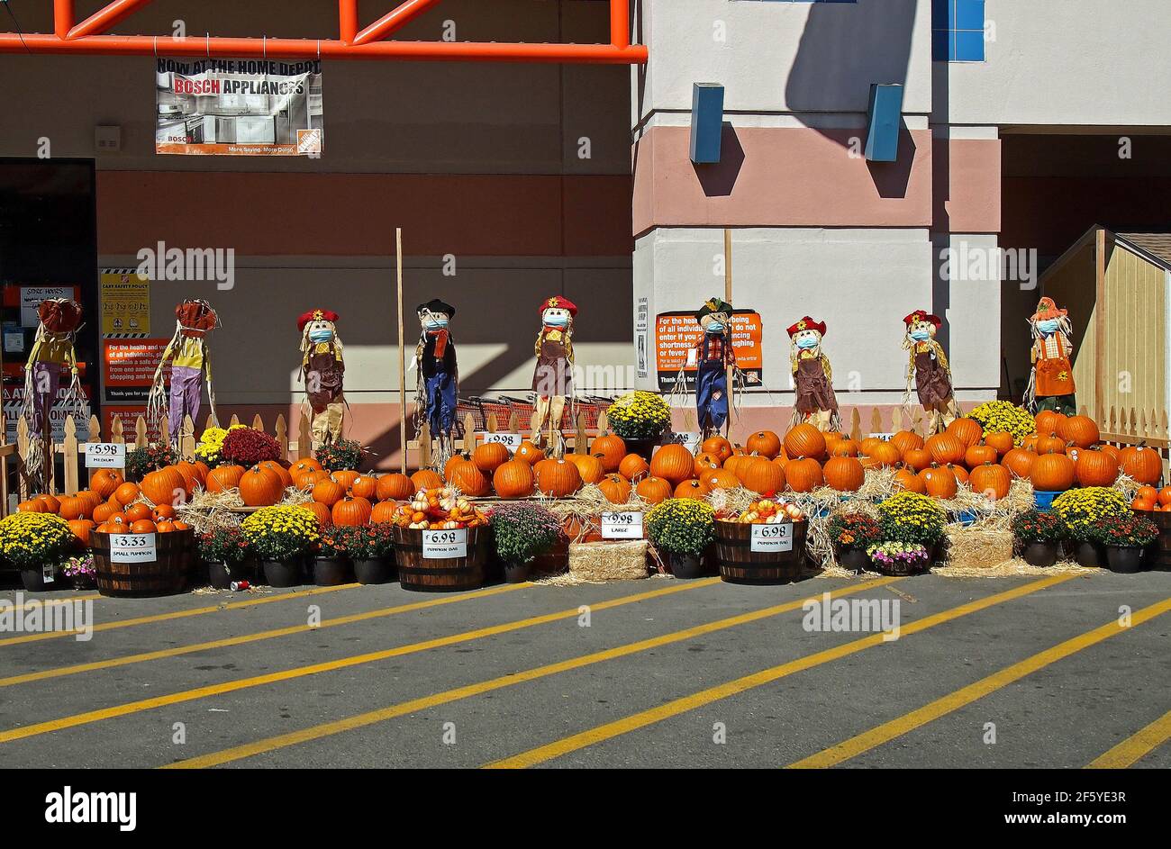 2020 Halloween Kürbisse zum Verkauf und Vogelscheuchen mit Pandemiemasken im Home Depot Store in Union City, Kalifornien, Stockfoto