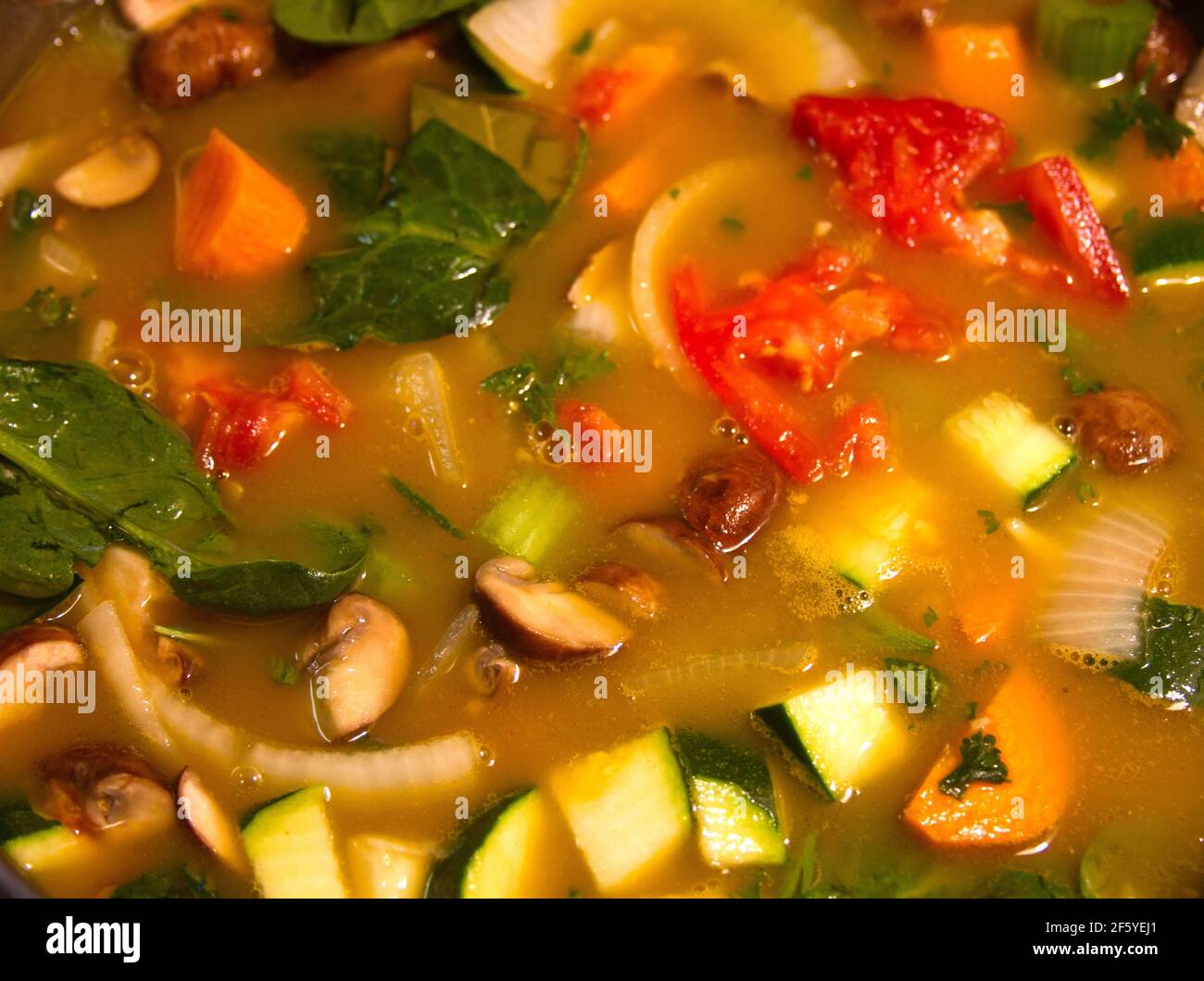 Topf mit herzhafter hausgemachter Gemüsesuppe mit Brühe, Pilzen, Karotten, Spinat, Zucchini, Sellerie, Zwiebeln und Kartoffeln – das ist gut für Sie. Stockfoto