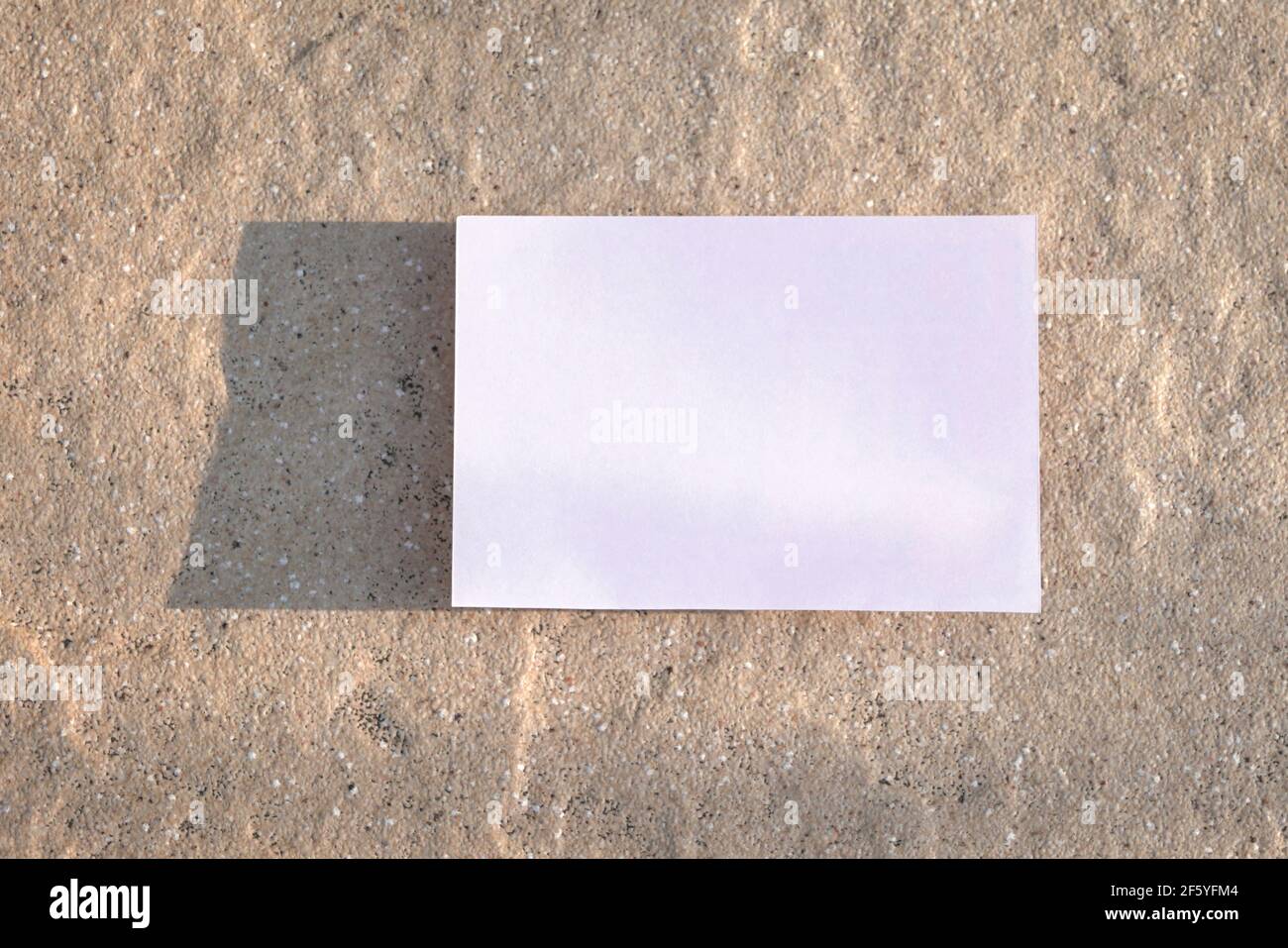 Leeres weißes Papier oder Karte mit Schatten auf beige rustikaler Oberfläche. Marketing, Visitenkarte oder E-Mail Newsletter Konzept. Stockfoto
