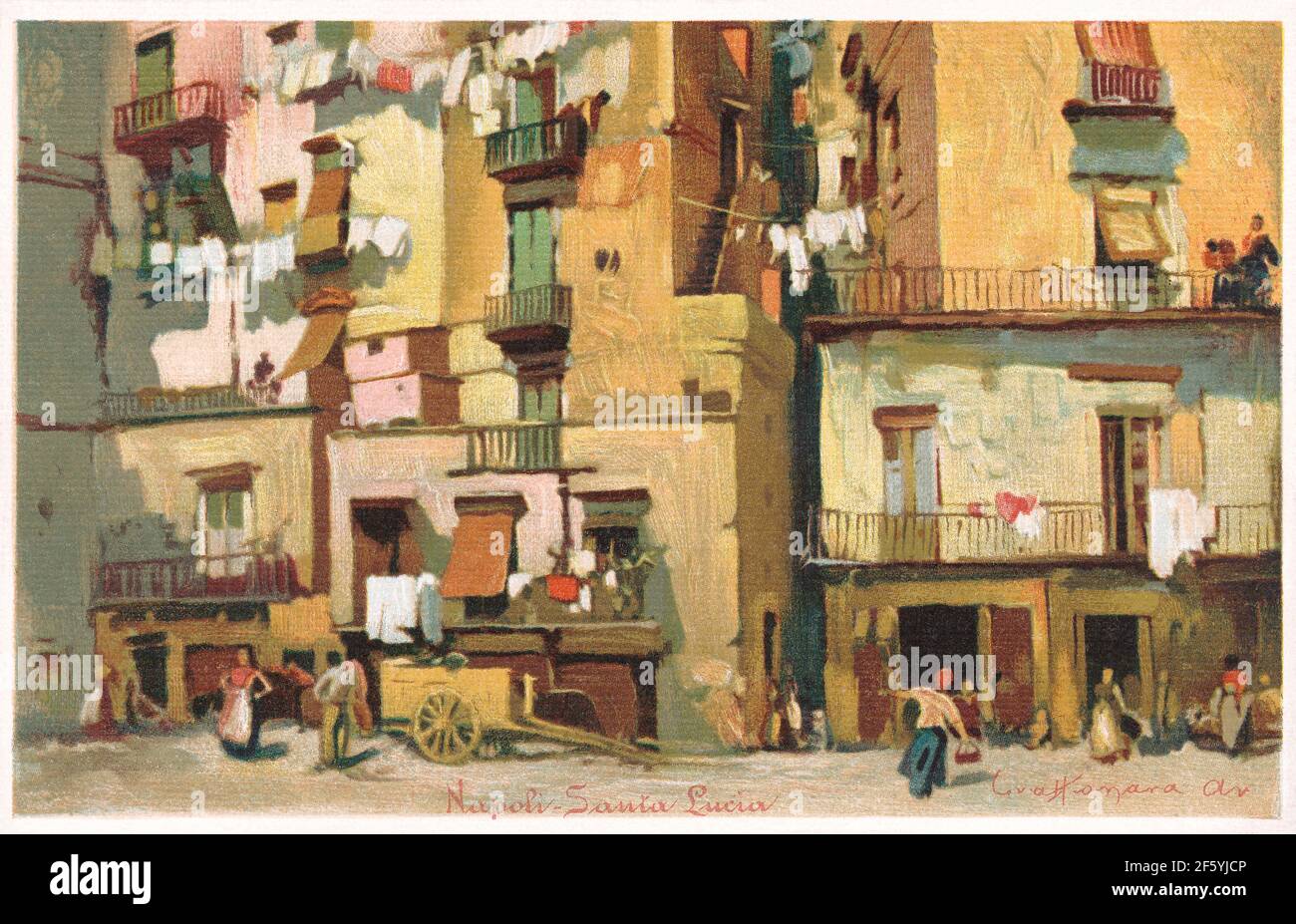 Vintage-Postkarte aus edwardianischer Zeit einer Straßenszene in der Gegend von Santa Lucia in Neapel, Italien. Stockfoto