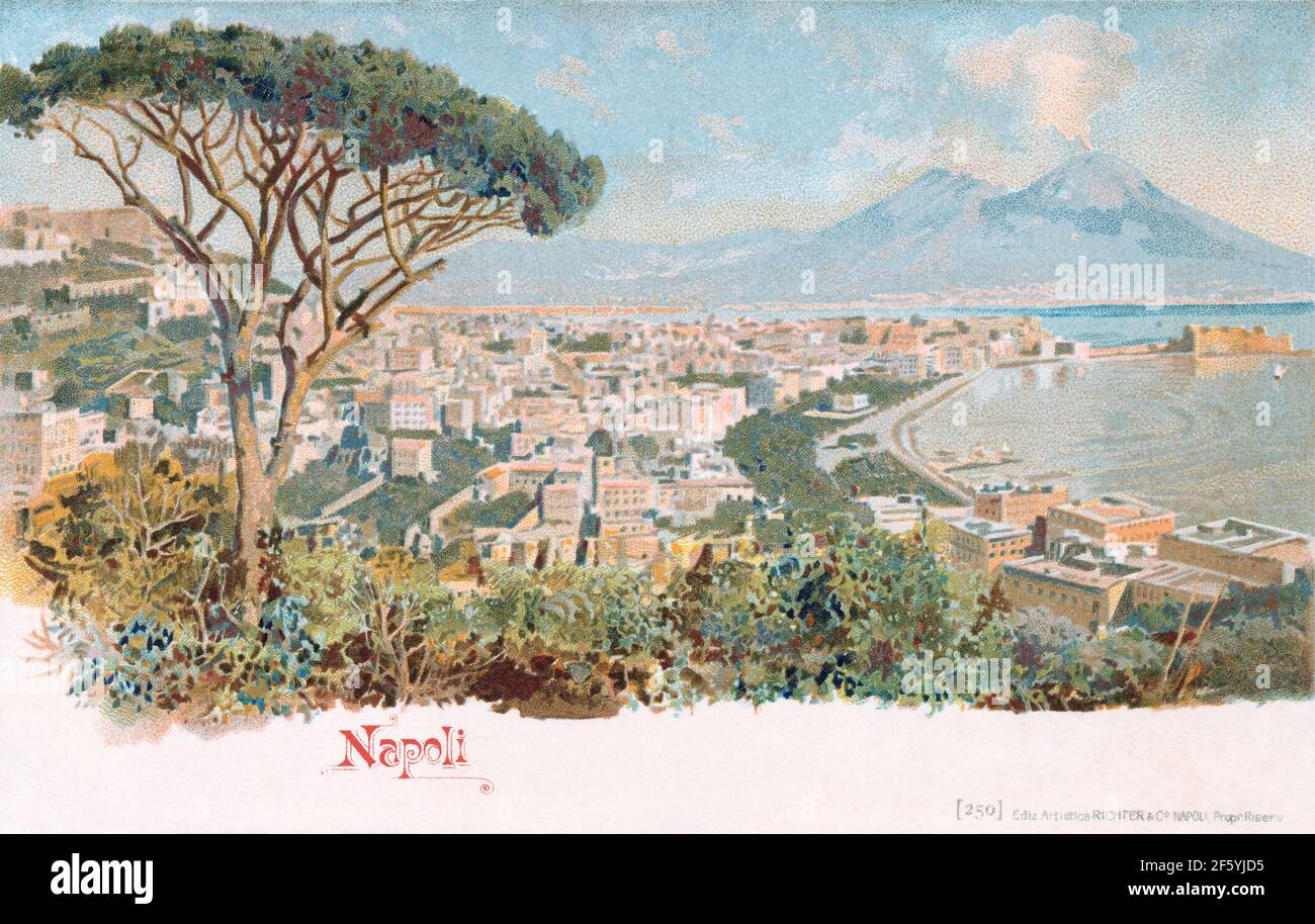 Postkarte aus der Zeit Edwardians von Neapel, dem Vesuv und der Bucht von Neapel, Italien. Stockfoto