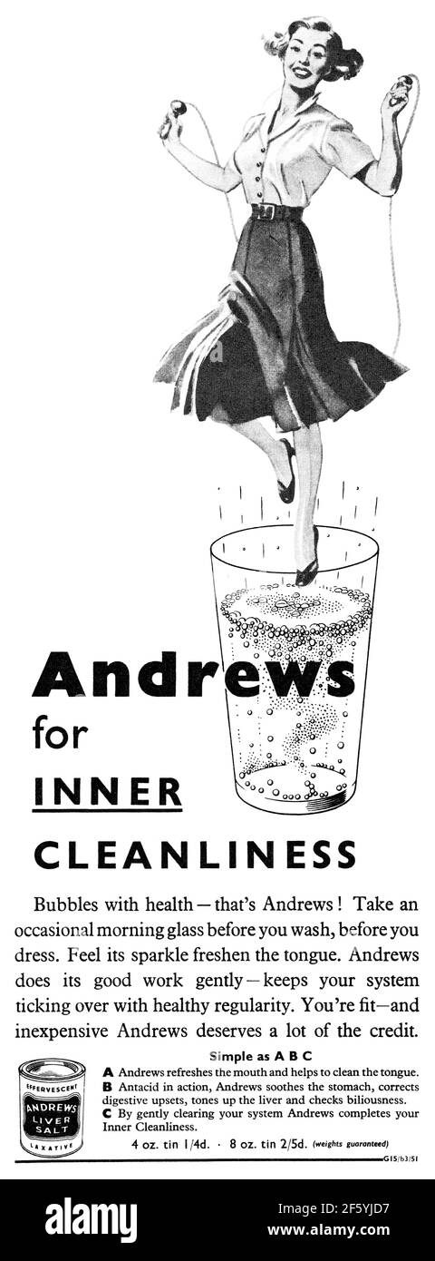 1951 Britische Werbung für Andrews Lebersalze. Stockfoto
