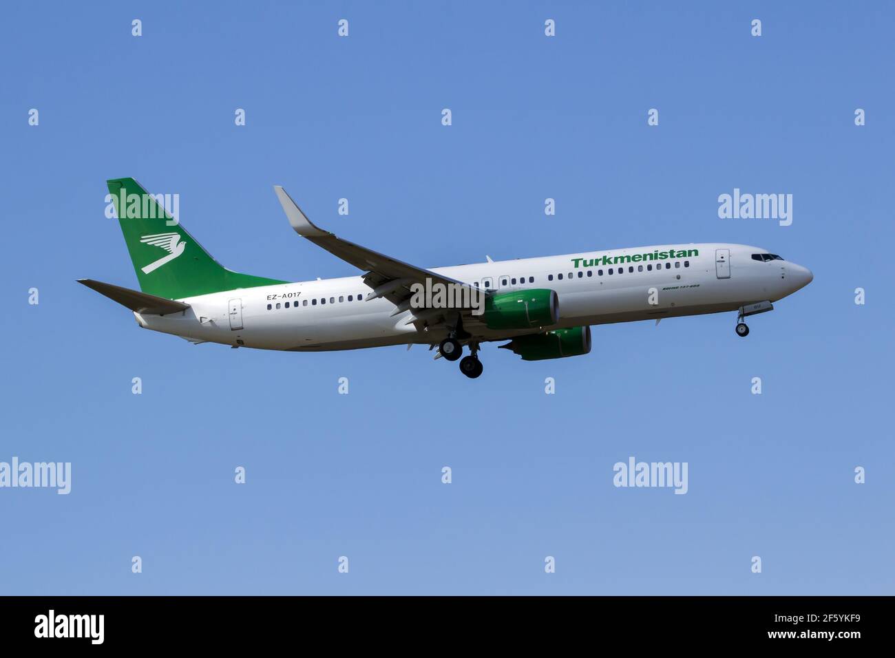 Eine Turkmenistan Airlines Boeing 737-800, die am Flughafen Frankfurt Rhein-Main landet. Dies ist die einzige Fluggesellschaft Turkmenistans. Stockfoto