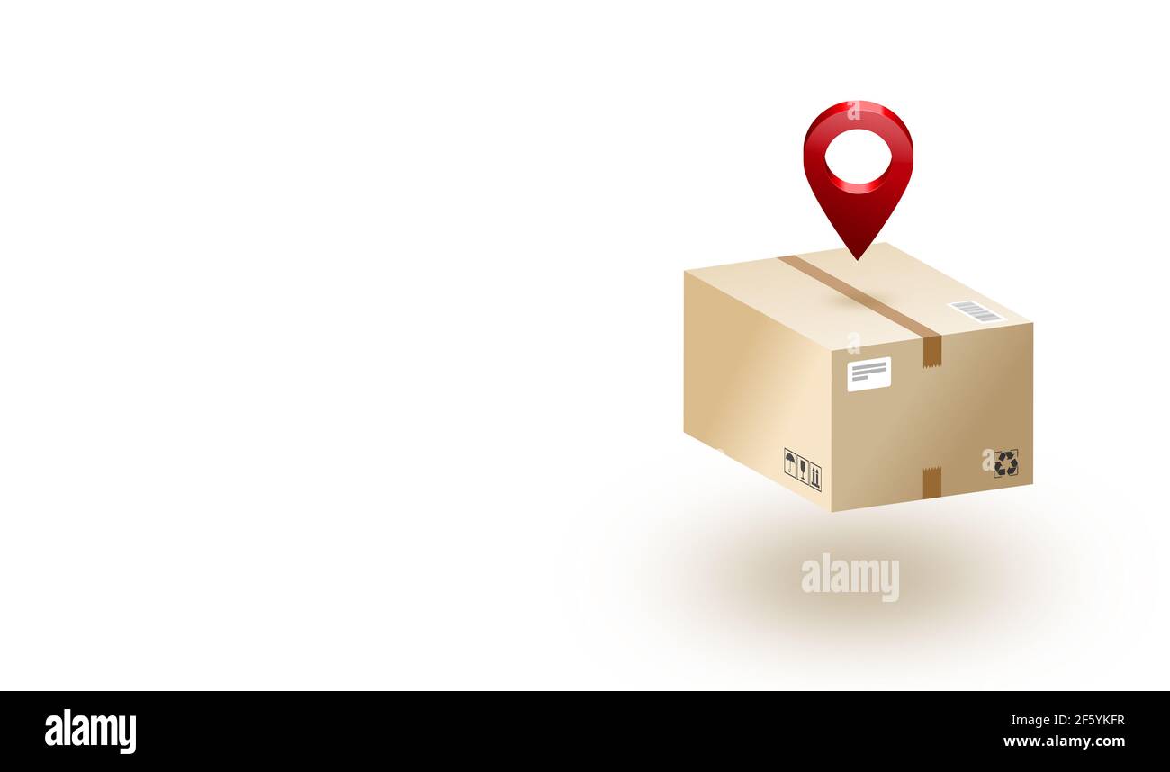 Ein Paketkasten und ein roter Positionsstift isolieren weißen Hintergrund. Abbildung. Stockfoto