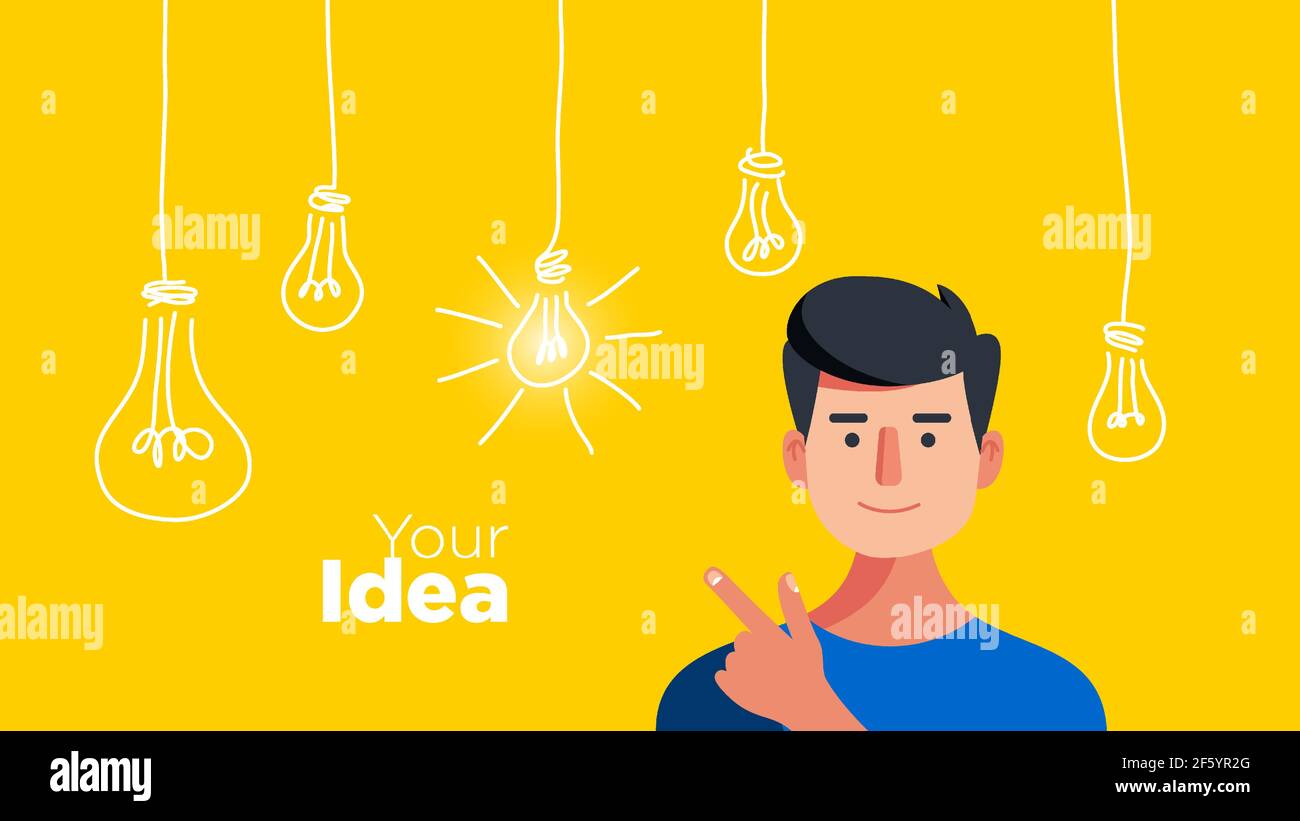 Gelber Hintergrund mit Cartoon Mann und hängenden Glühbirnen Vektor-Illustration. Stock Vektor