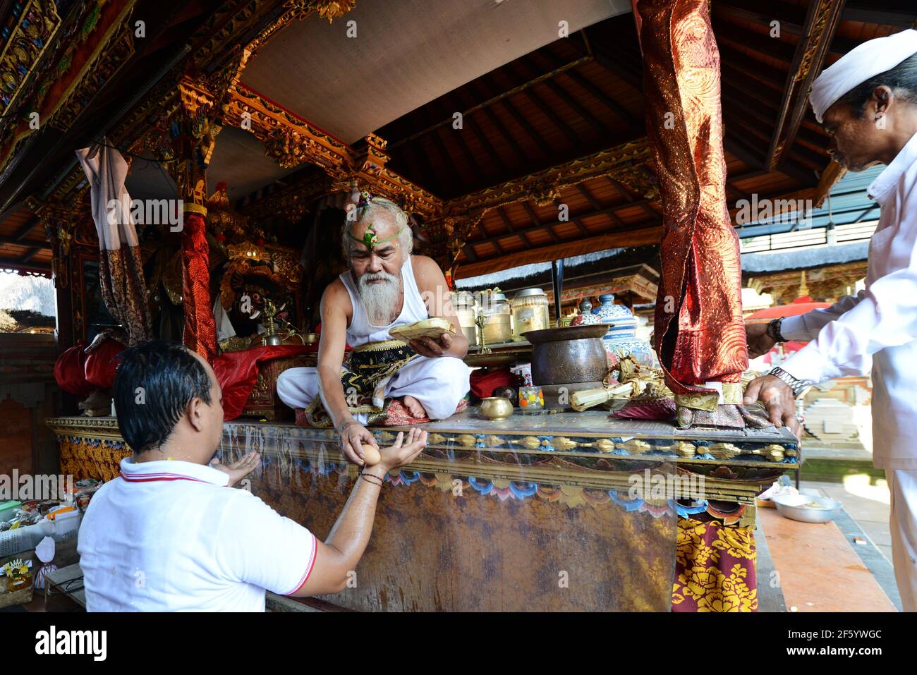 Ein balinesischer Hindu-Priester segnet einen Bräutigam in einer Vorhochzeit-Zeremonie in einem kleinen Tempel in Ubud, Bali, Indonesien. Stockfoto