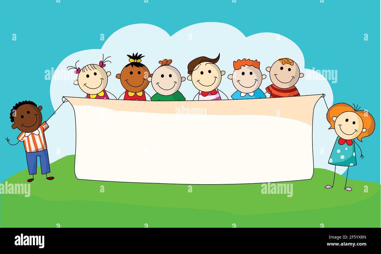 Glückliche Kinder halten Banner im Sommer Feld Vektor-Illustration Stock Vektor