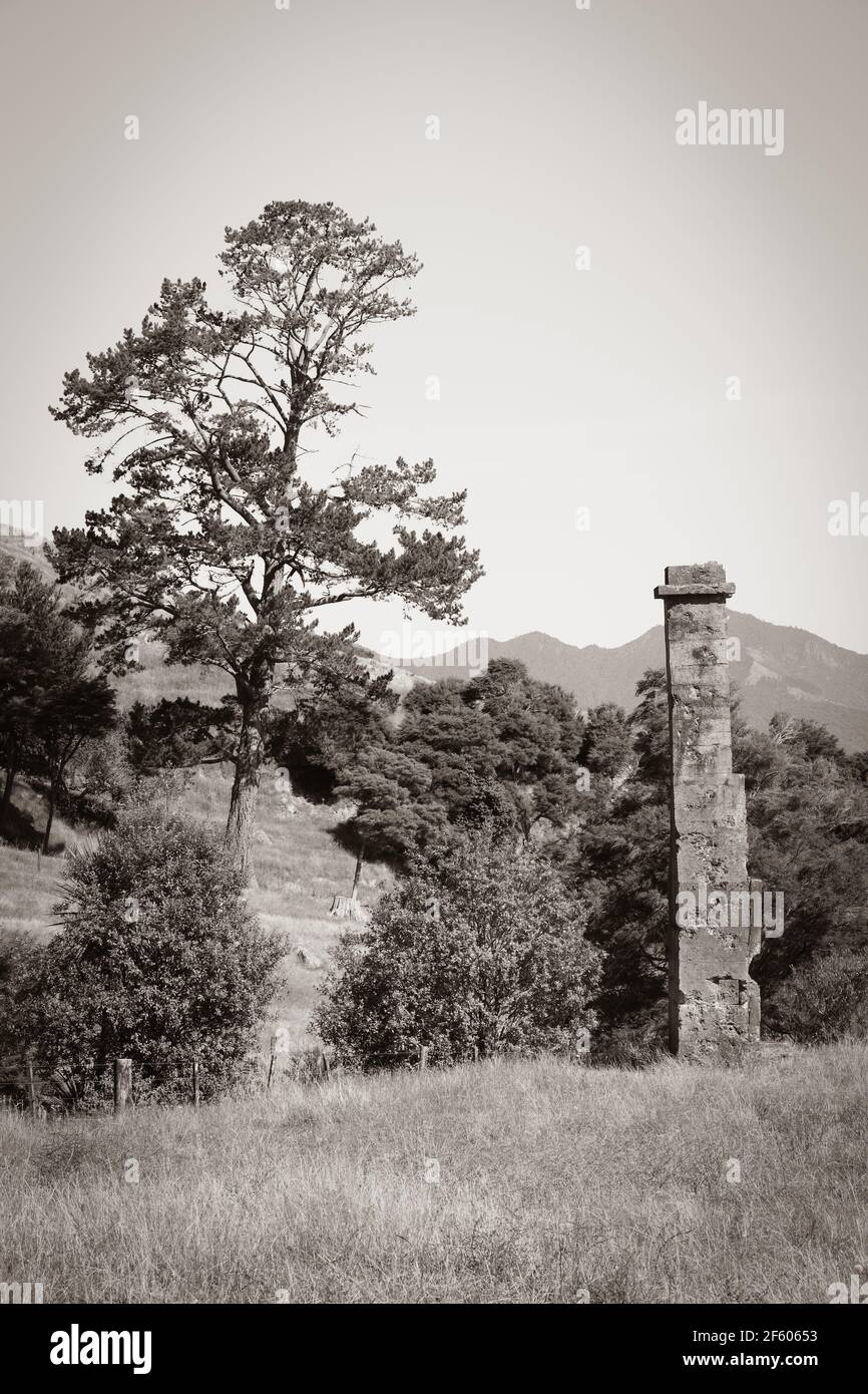 Ein Kamin, alles, was von einem Bauernhaus übrig bleibt, allein auf dem Land stehend. Retro-Sepia-Bild. Fotografiert in Neuseeland Stockfoto
