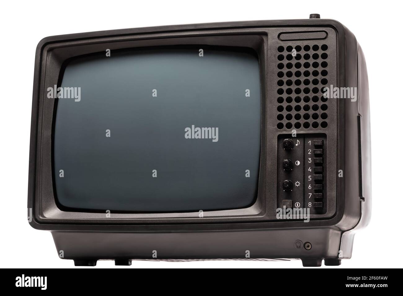 Tragbarer, schwarzer und weißer CRT-TV-Receiver im Vintage-Design, isoliert auf weißem Hintergrund. Retro-Technologie-Konzept Stockfoto