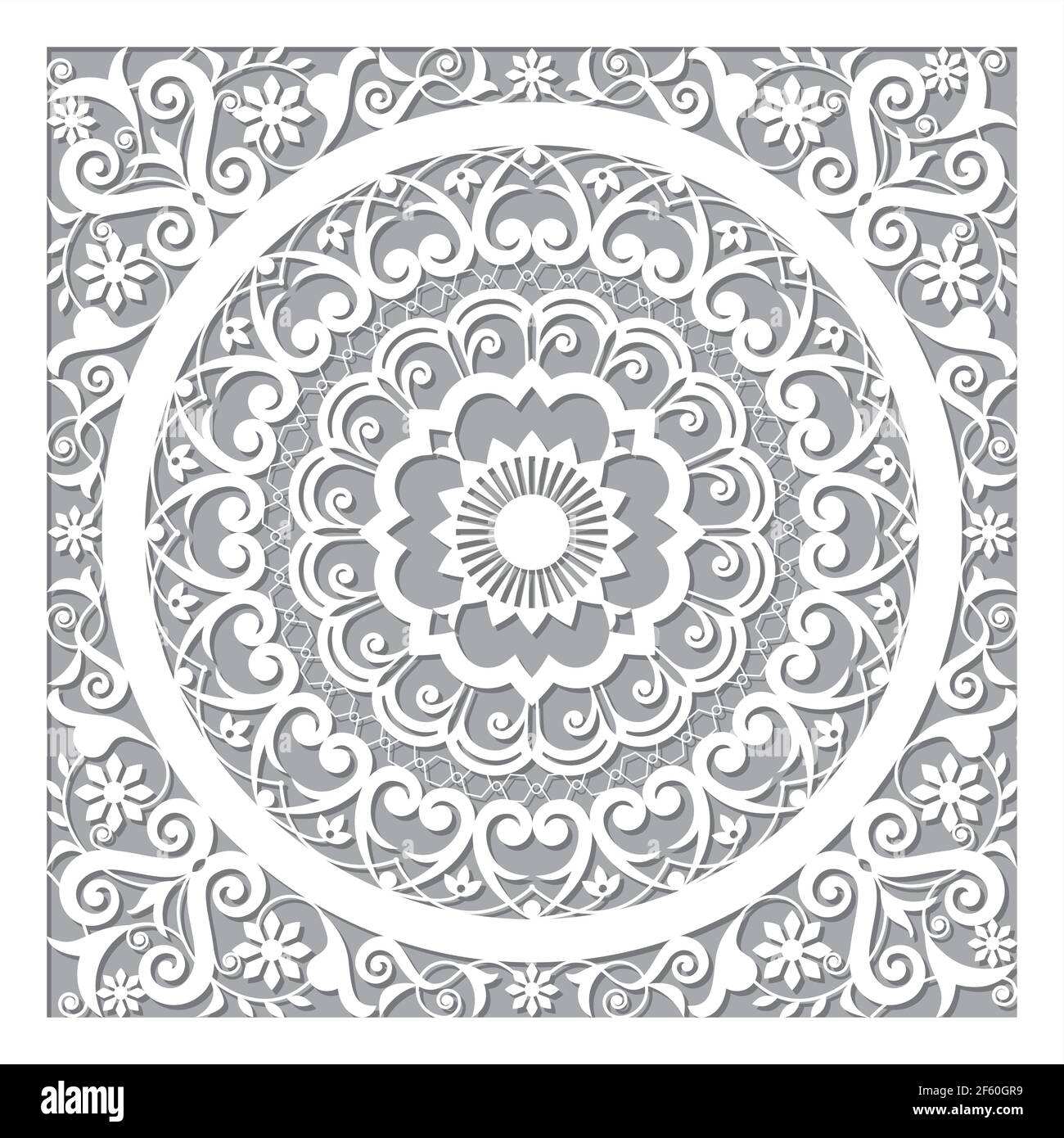 Cool marokkanischen Vektor durchbrochene Mandala-Design in Quadrat in weiß Und grau inspiriert von der alten geschnitzten Holz Wandkunst Muster aus Marokko Stock Vektor