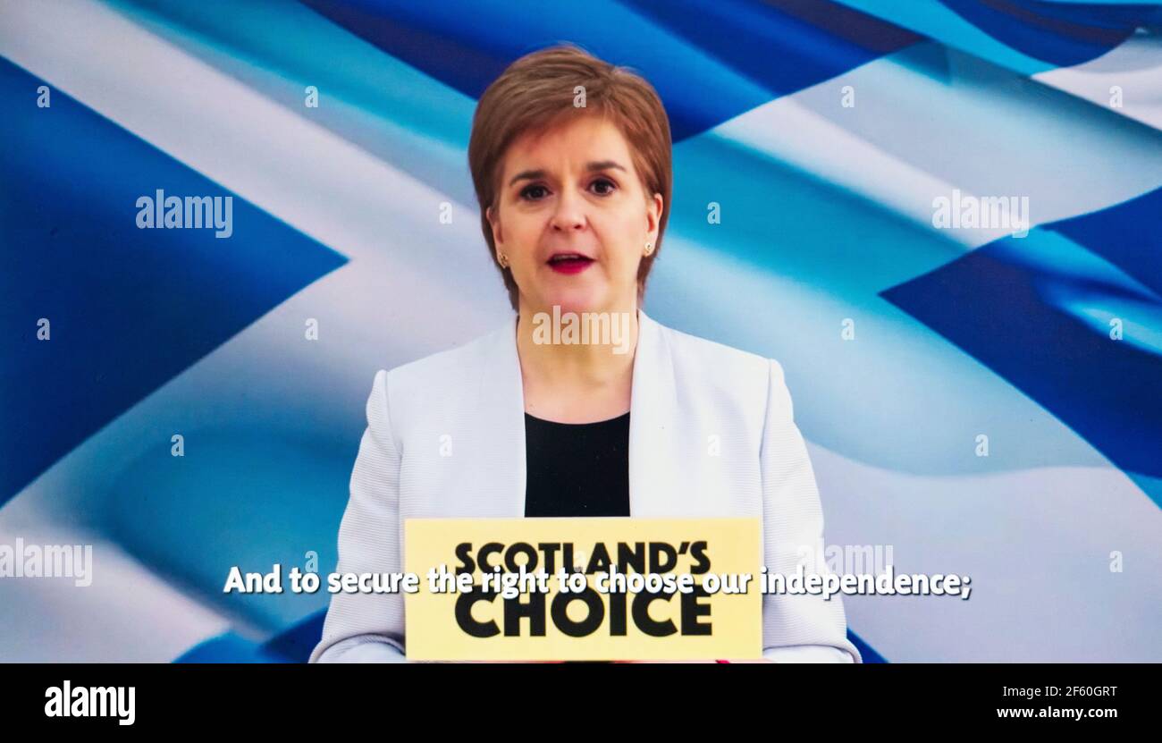 Glasgow, Schottland, Großbritannien. 29. März 2021. Erste Ministerin von Schottland Nicola Sturgeon spricht SNP-Konferenz durch Video-Link heute . Iain Masterton/Alamy Live News Stockfoto