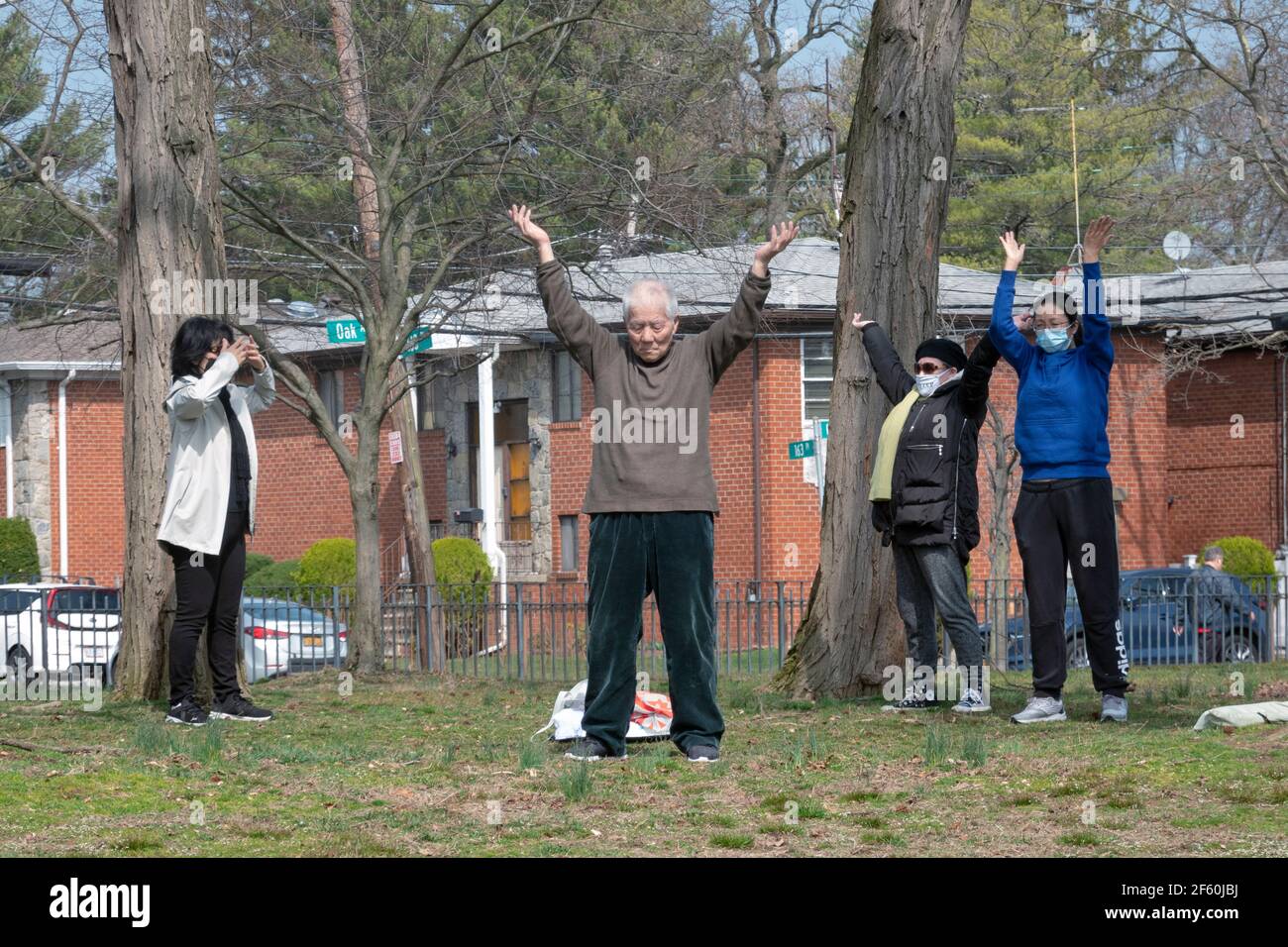 Ein asiatischer Amerikaner, der wahrscheinlich in den Achtzigern ist, führt eine kleine Gruppe in Tai-Chi-Übungen in einem Park in Queens, New York City. Stockfoto
