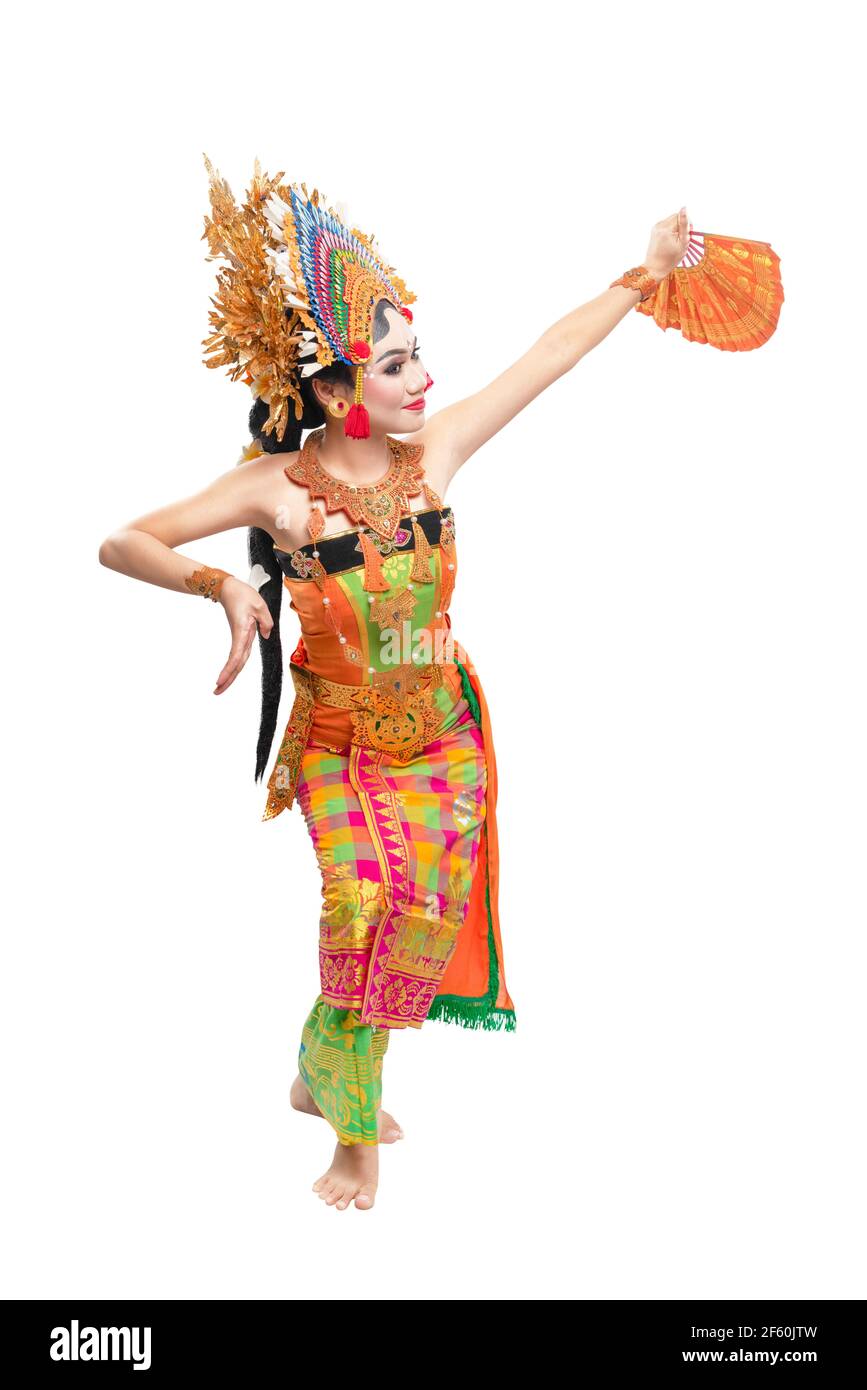 Asiatische Frau tanzen balinesischen traditionellen Tanz isoliert auf weißem Hintergrund Stockfoto