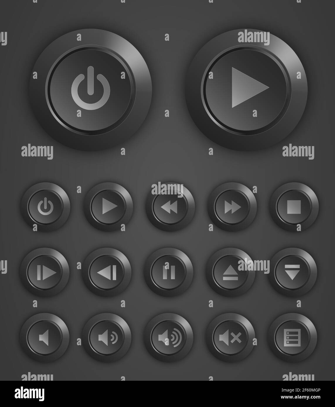 Kunststoff-Tasten-Set, graue Symbole mit Media-Player-Symbole. vektor-Illustration Stock Vektor