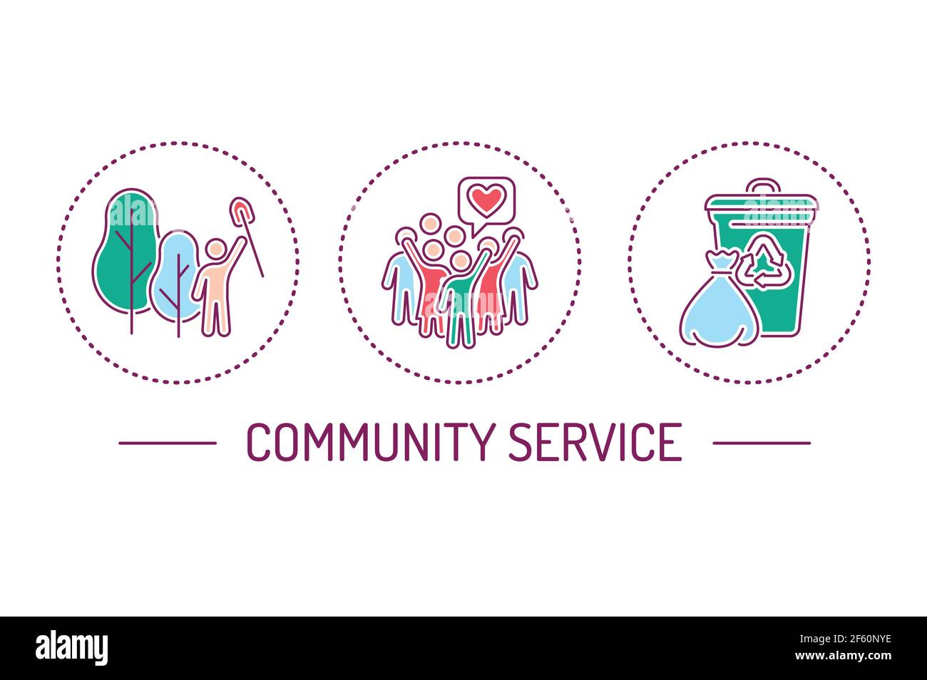 Symbole für die Community-Service-Farblinie festgelegt. Pflanzenbäume Konzept. Stock Vektor