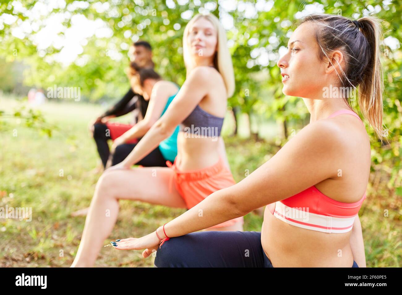 Junge Frau macht Stretching-Übungen zusammen mit Freunden in der Natur Im Sommer Stockfoto