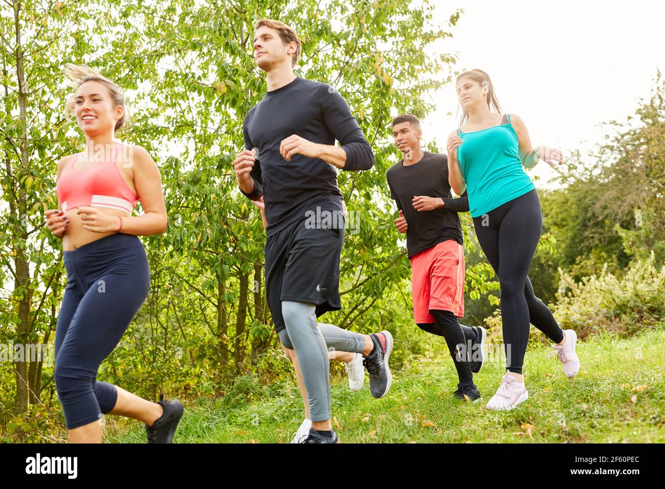 Gruppe von jungen Menschen joggen im Park im Sommer Als gesundes Ausdauertraining Stockfoto