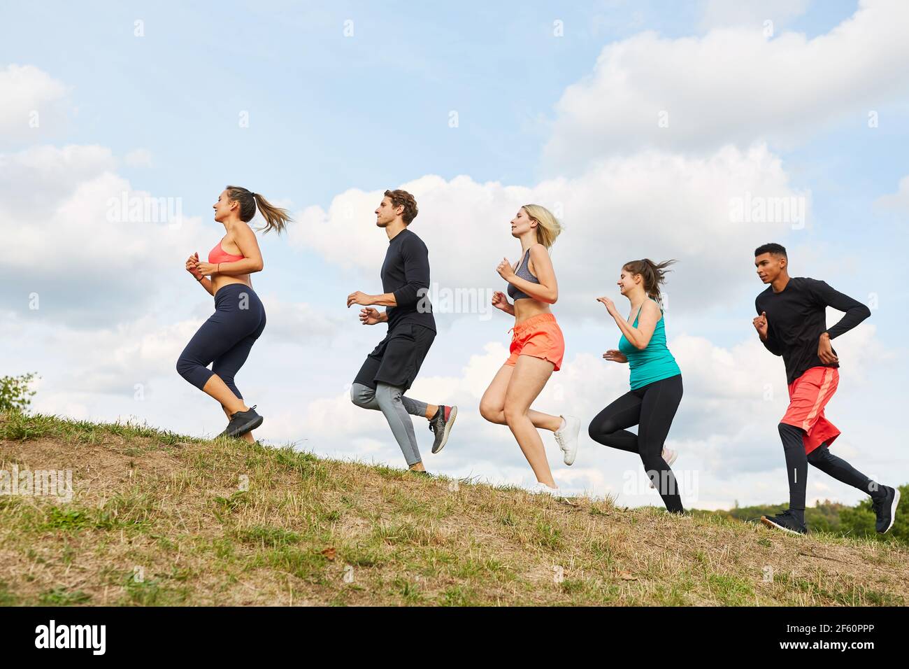 Gruppe junger Menschen trainiert Ausdauer im Langlauf oder Langlauf Läuft in der Natur Stockfoto