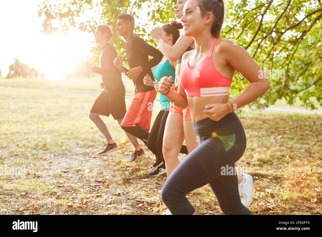 Gruppe von Freunden Joggen in der Natur im Sommer für Fitness Und Ausdauer Stockfoto