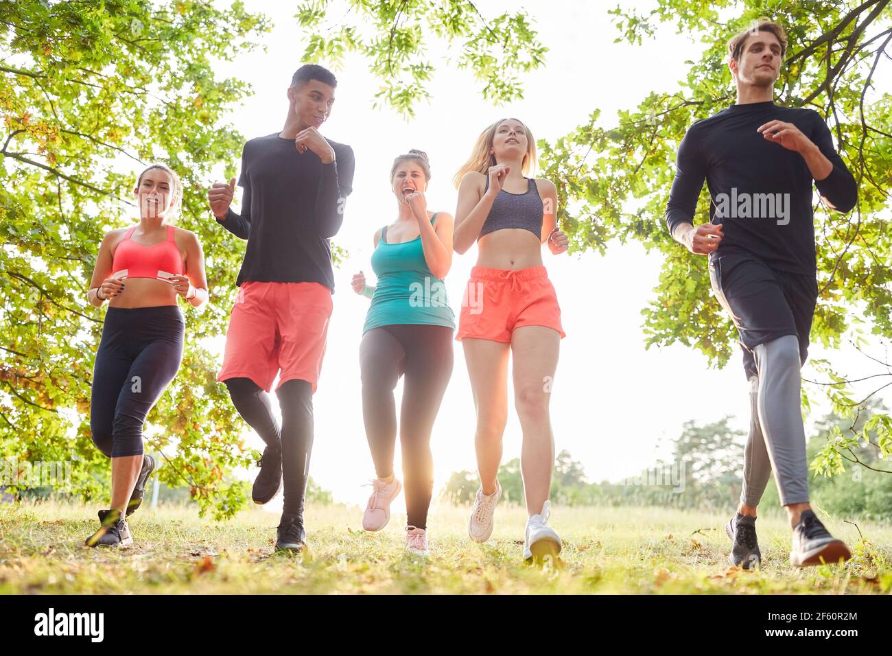 Gruppe von Freunden joggen zusammen in der Freizeit in der Natur in Sommer Stockfoto