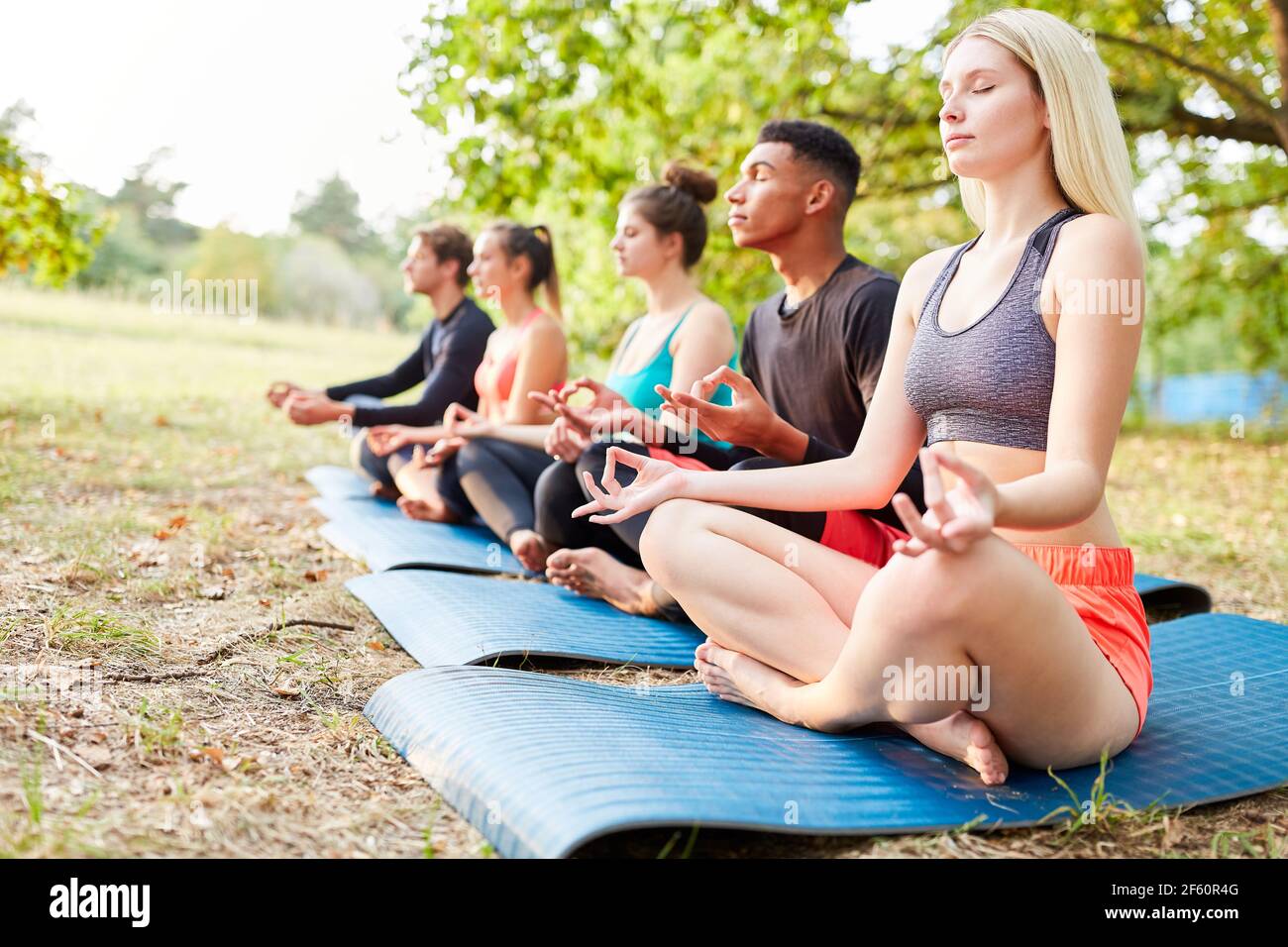 Gruppe von Freunden, die Meditation in Lotusposition in Wellness Yoga-Kurs in der Natur Stockfoto