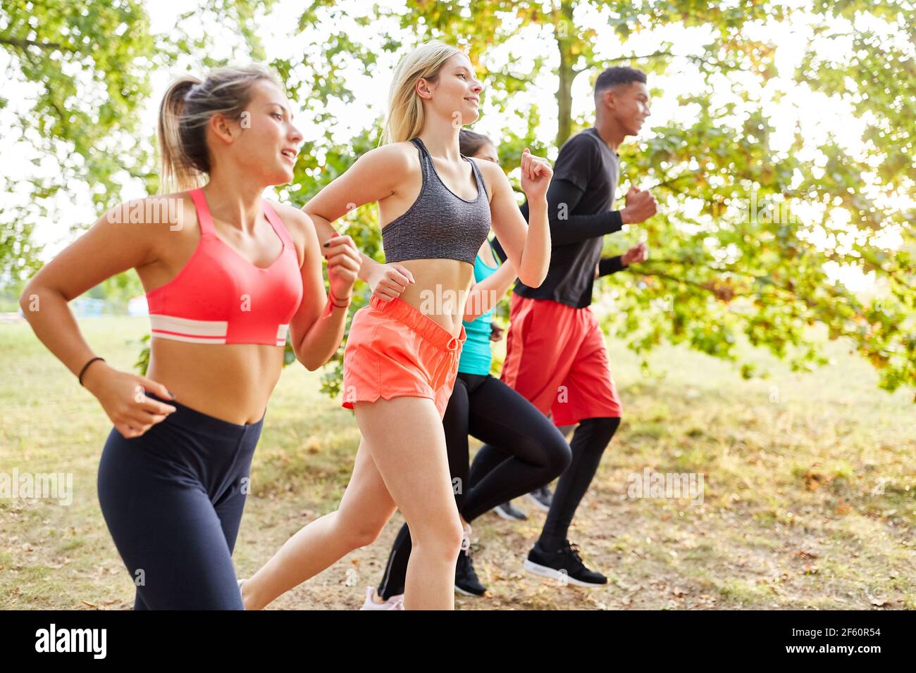 Junge Menschen joggen in der Natur als Langlauf für Ausdauer und Fitness Stockfoto