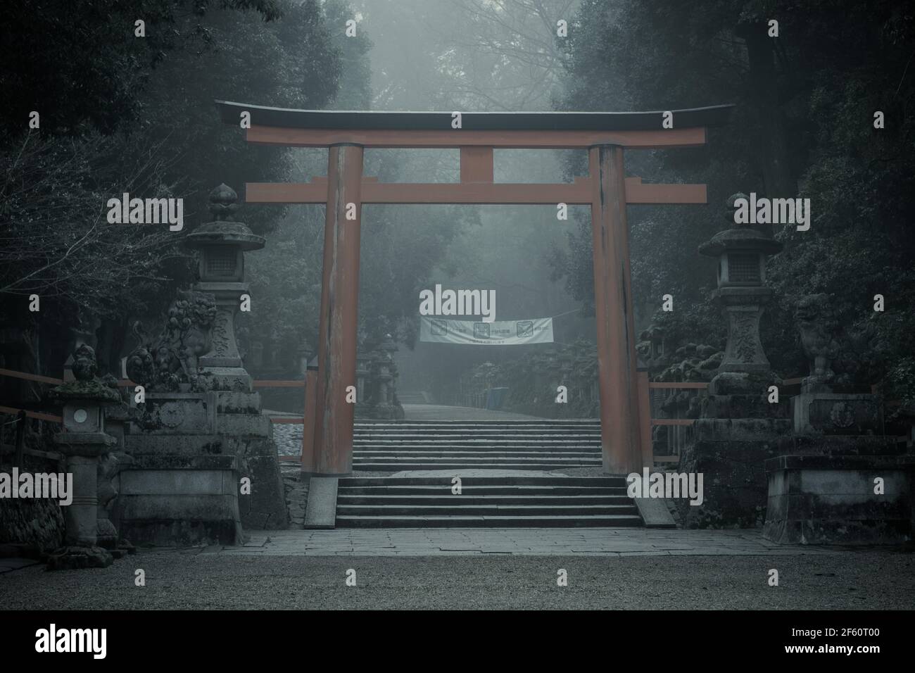 Der verlassene Kasuga Taisha Grand Shrine in Nara, Kansai, Japan an einem kalten, nebligen Morgen Stockfoto