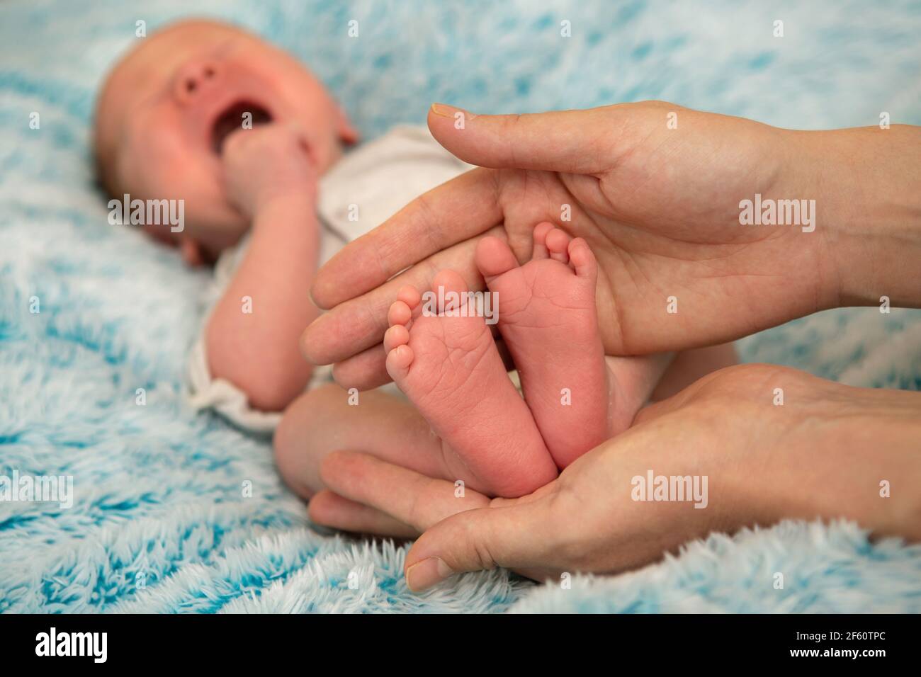Der Fuß des Babys in den Händen der Mutter. Konzeptfamilie Stockfoto