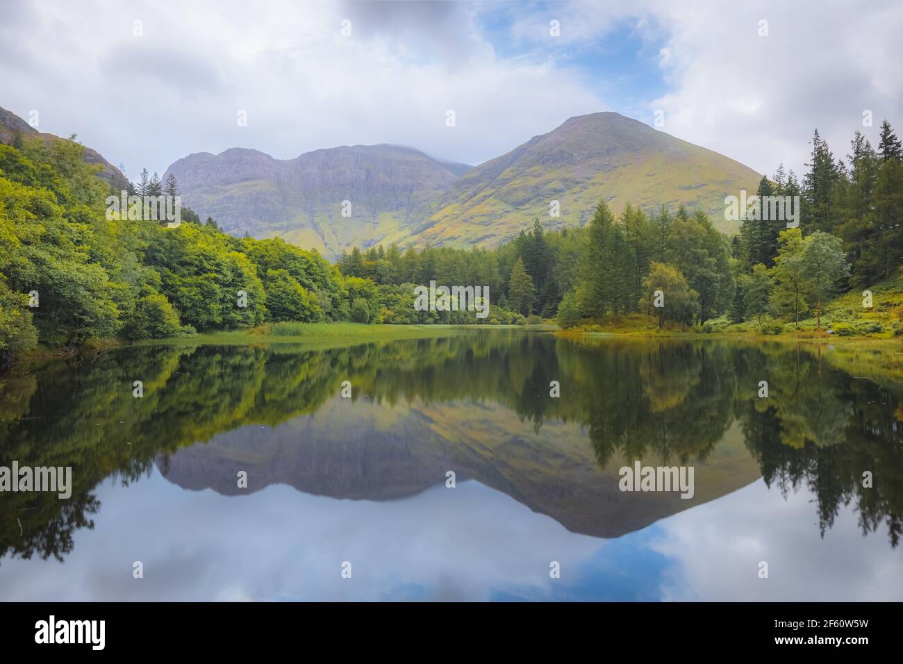 Idyllische, üppige und grüne Berglandschaft Spiegelung auf einem ruhigen Torren Lochan einem Sommertag in Glencoe in den schottischen Highlands, Schottland. Stockfoto