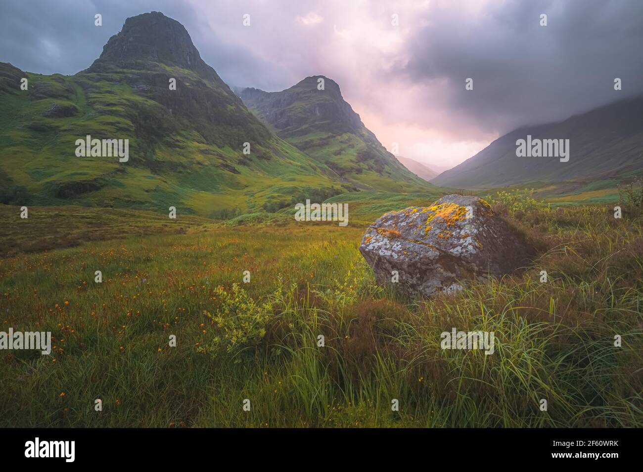 Moody, atmosphärische Berglandschaft der üppigen, grünen Three Sisters of Glencoe bei einem Sommer-Sonnenuntergang oder Sonnenaufgang in den Scottish Highlands, Scotlan Stockfoto