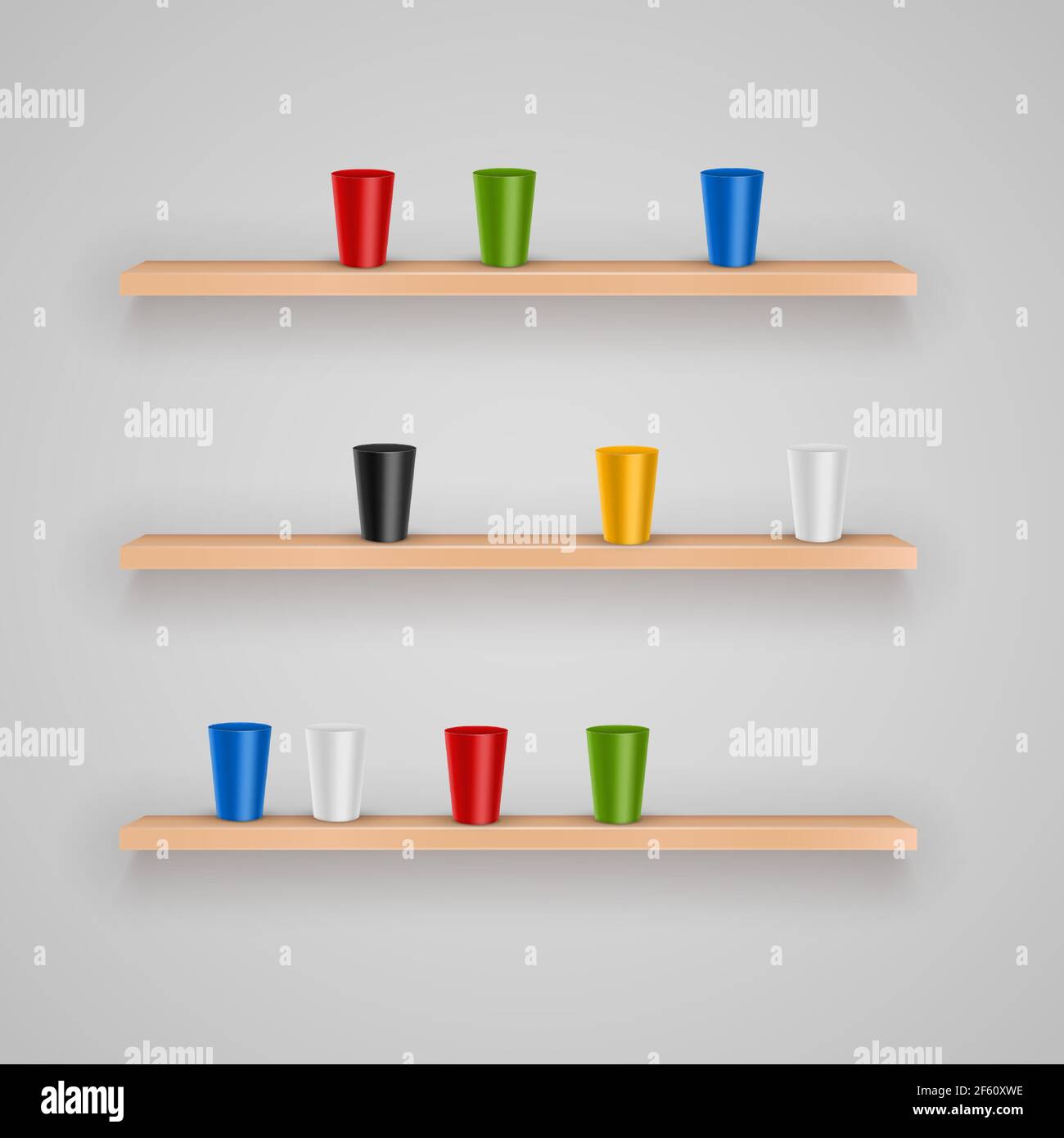 Set von Vektor Holz Regale mit einfachen Objekten für die Präsentation Auf weißgrauem Hintergrund Stock Vektor