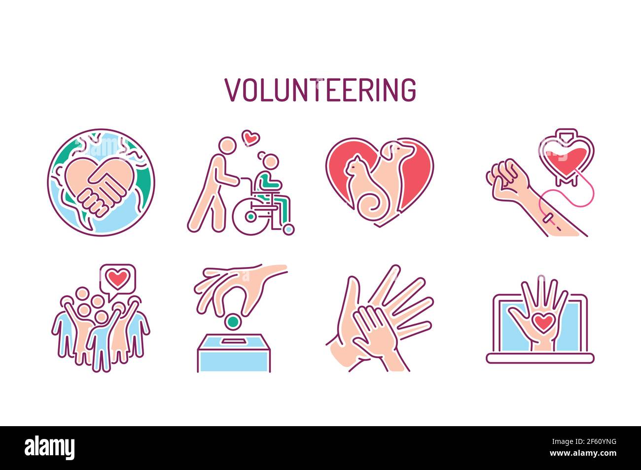 Symbole für die Linienfarbe der Allergiesymptome eingestellt. Dermatologische, infektiöse Erkrankung. Isoliertes Vektorelement. Stock Vektor