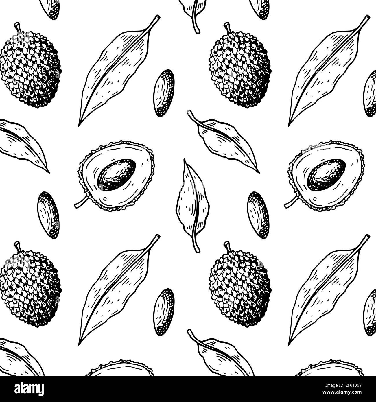 Handgezeichnetes nahtloses Muster mit Litschi-Früchten, Ästen und Blättern. Vektorgrafik im botanischen Skizzenstil Stock Vektor