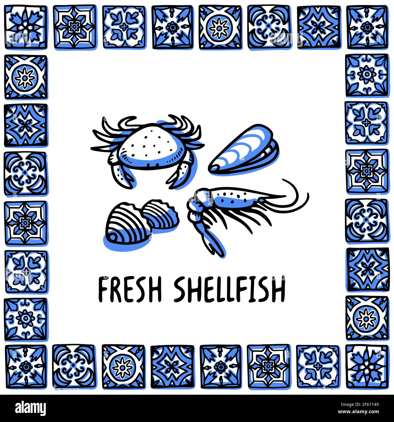 Portugal Wahrzeichen gesetzt. Frische Meeresfrüchte, traditionelle Delikatessen. Schalentiere im Rahmen von portugiesischen Fliesen. Vektordarstellung im Skizzenstil, für s Stock Vektor