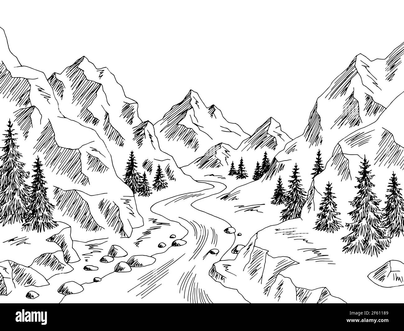 Mountain Valley River Grafik schwarz weiß Landschaft Skizze Illustration Vektor Stock Vektor
