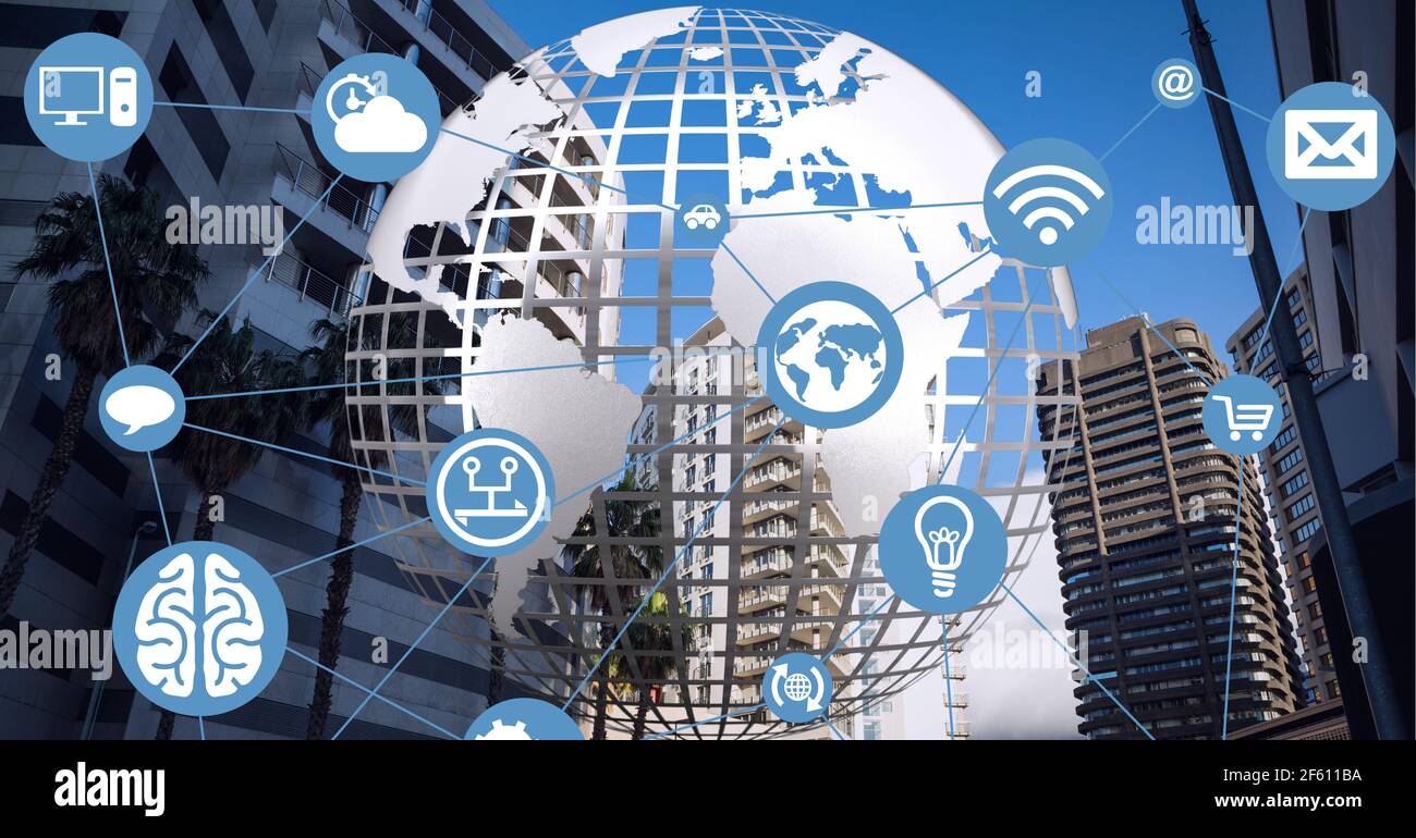 Aufbau eines Netzwerks von Verbindungen mit digitalen Symbolen auf der ganzen Welt anc-Stadtbild Stockfoto