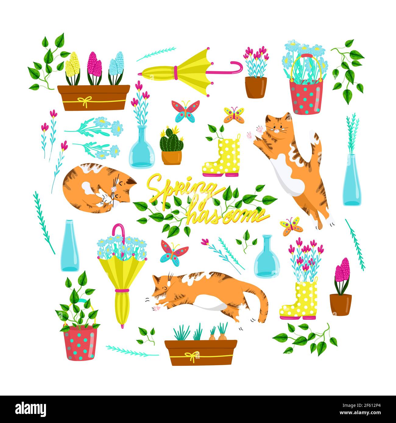 Sammlung von Frühlingselementen mit Katzen in verschiedenen Posen, Satz von schönen Frühlingsblumen und Kompositionen, florale Vektor-Objekte im Cartoon-Stil Stock Vektor
