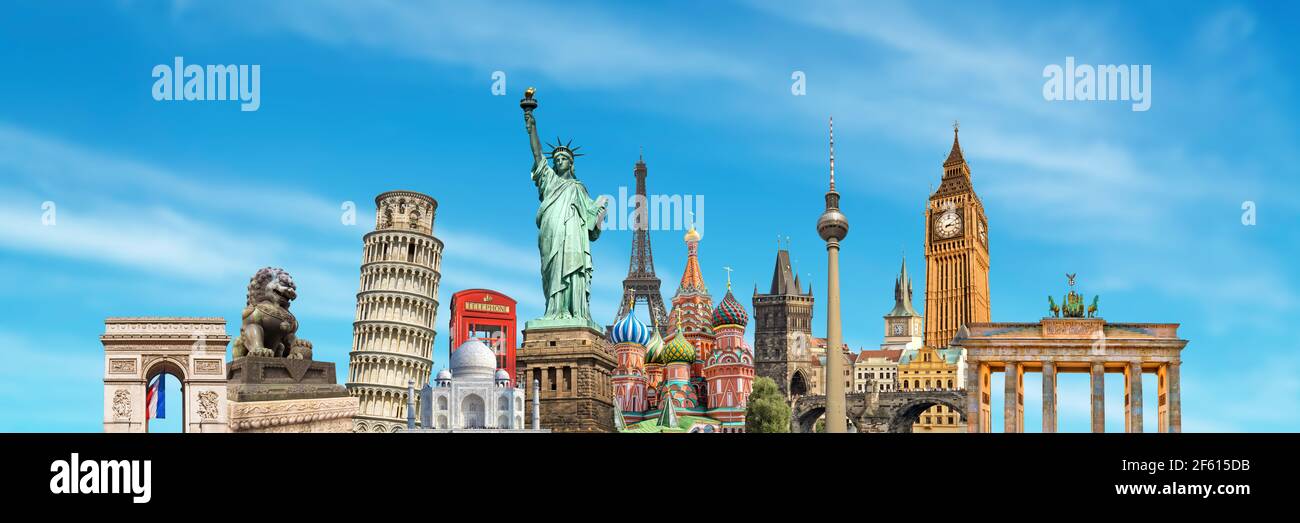 Weltdenkmäler und berühmte Monumente Panorama Collage auf blauen Himmel Hintergrund Stockfoto