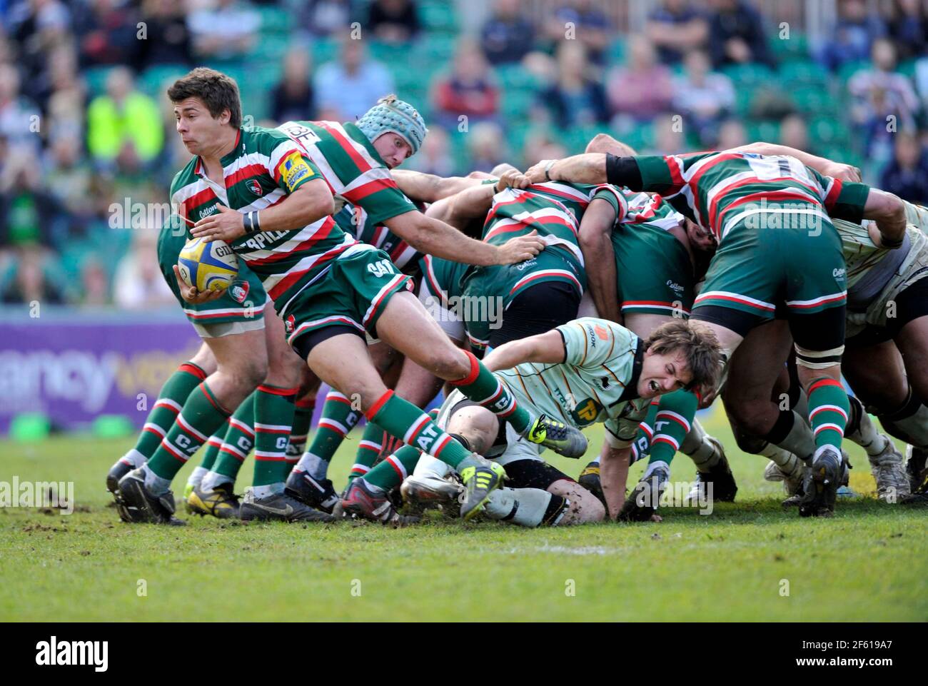 PREMIERSHIP PLAY-OFF LEICESTER V NORTHAMPTON. Leicester Scrum-Half BEN YOUNGS (mit Ball) 14/5/2011. BILD DAVID ASHDOWN Stockfoto