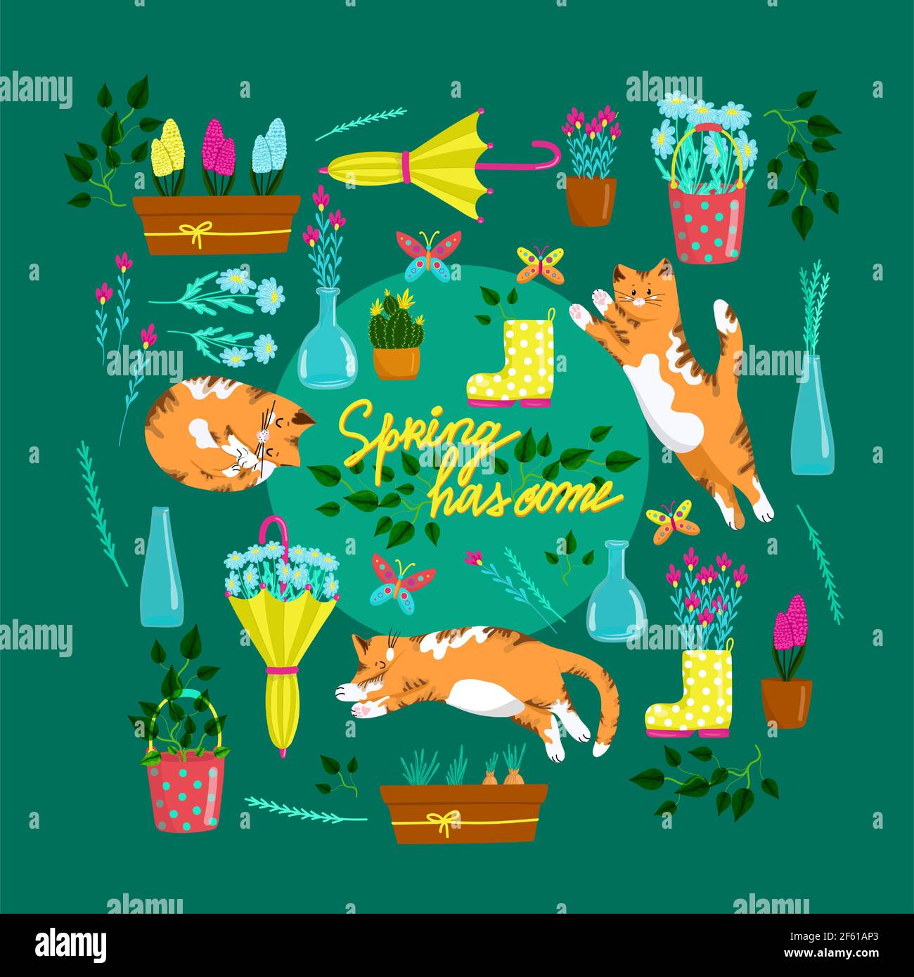 Sammlung von Frühlingselementen mit Katzen in verschiedenen Posen, Satz von schönen Frühlingsblumen und Kompositionen, florale Vektor-Objekte im Cartoon-Stil Stock Vektor