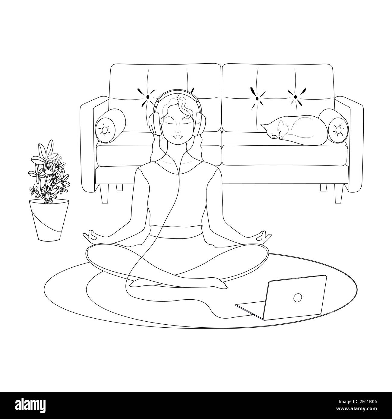 Ein schwarzes Linear. Eine junge Frau in der Lotusposition. Yoga-Kurs. Das Mädchen in den Kopfhörern. Ein Notebook. Ein Zimmer mit einem Sofa.Vector Stock Vektor